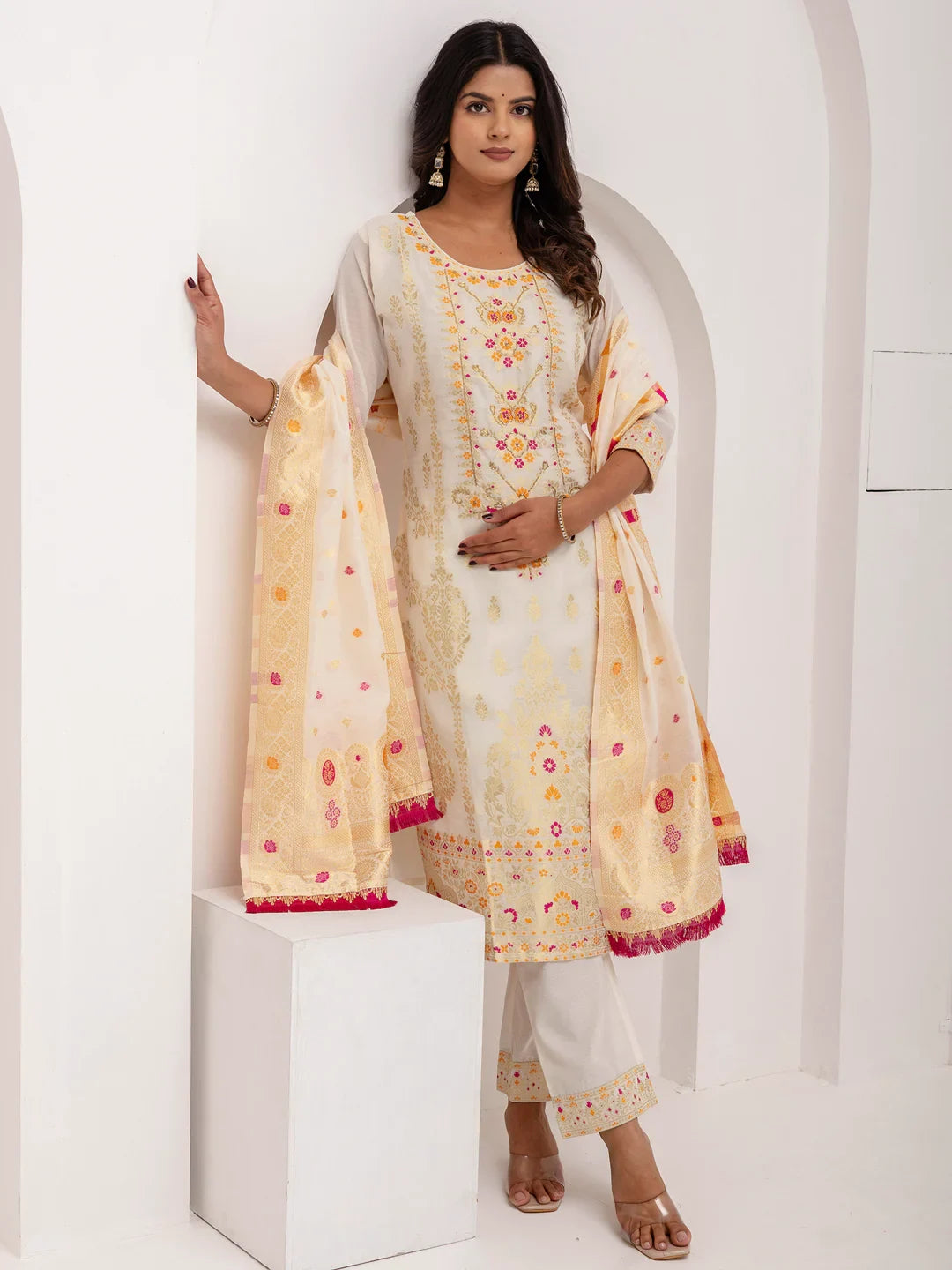 Beautiful White Hand Work Jacquard Silk Pant Suit With Dupatta - Zeel Clothing