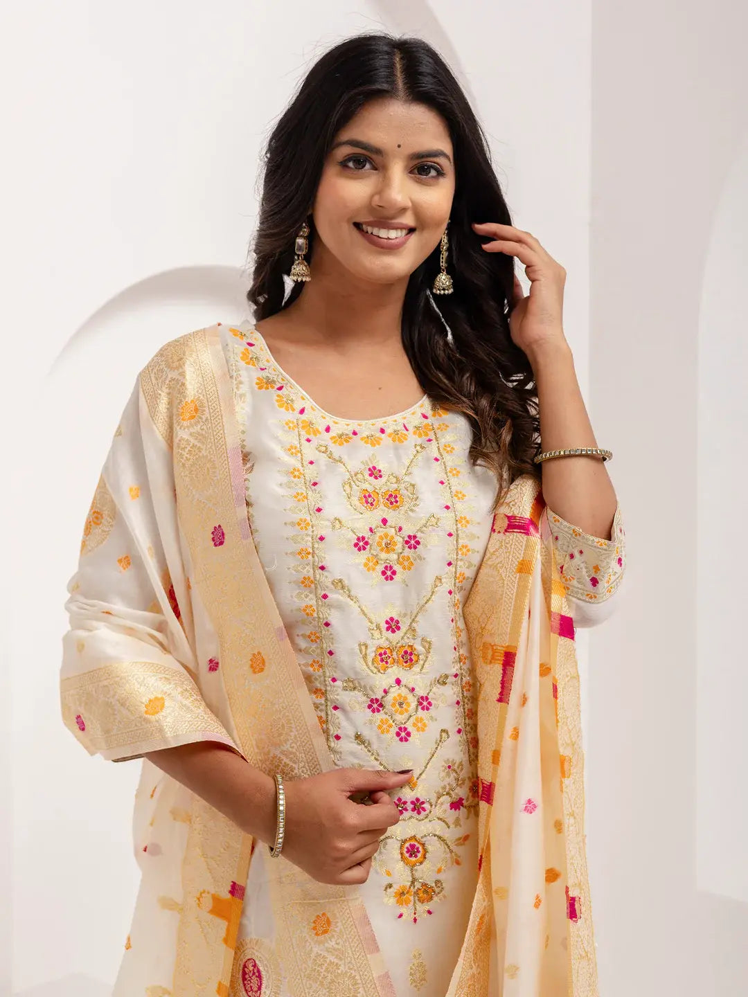 Beautiful White Hand Work Jacquard Silk Pant Suit With Dupatta - Zeel Clothing