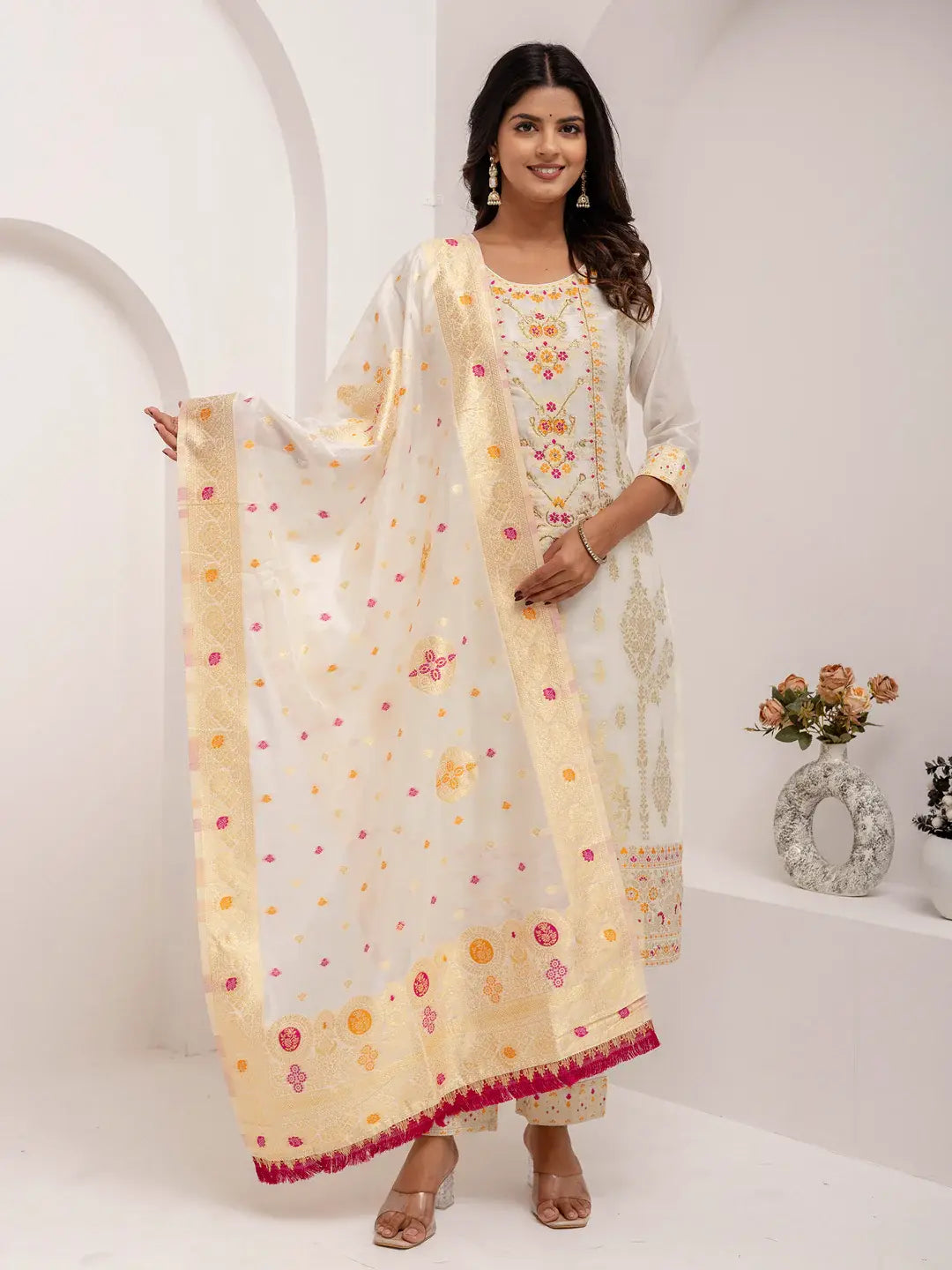 Beautiful White Hand Work Jacquard Silk Pant Suit With Dupatta - Zeel Clothing