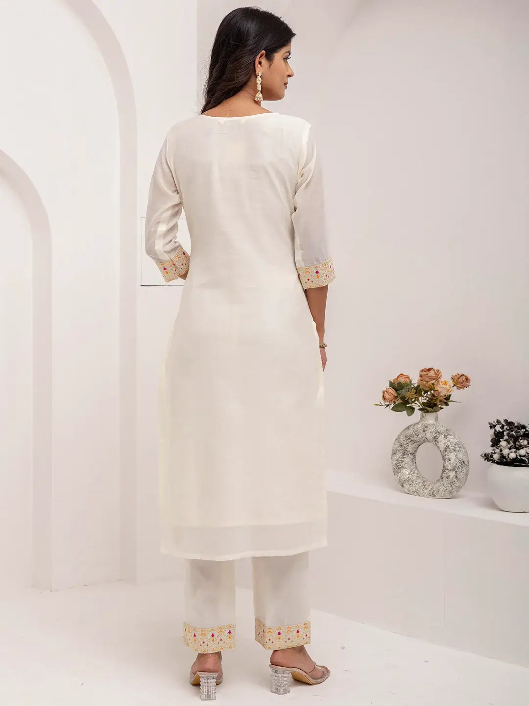 Beautiful White Hand Work Jacquard Silk Pant Suit With Dupatta - Zeel Clothing