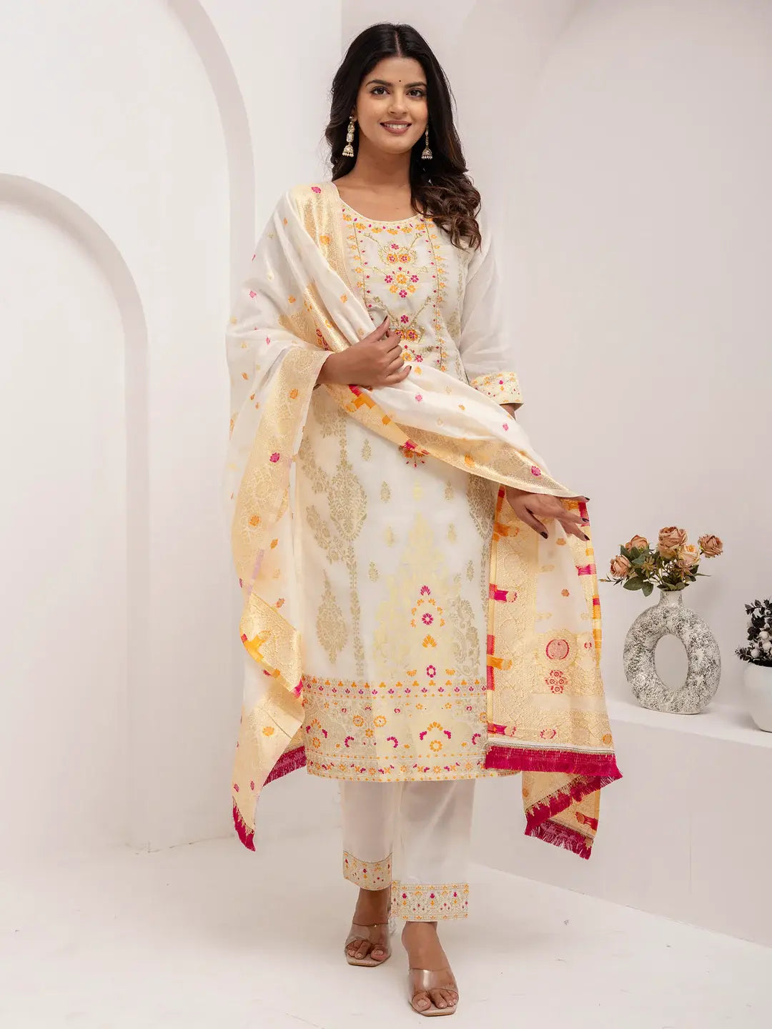 Beautiful White Hand Work Jacquard Silk Pant Suit With Dupatta - Zeel Clothing
