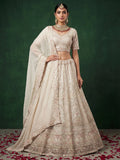 Beautiful White Heavy Embroidered Satin Sangeet Wear Lehenga Choli With Dupatta