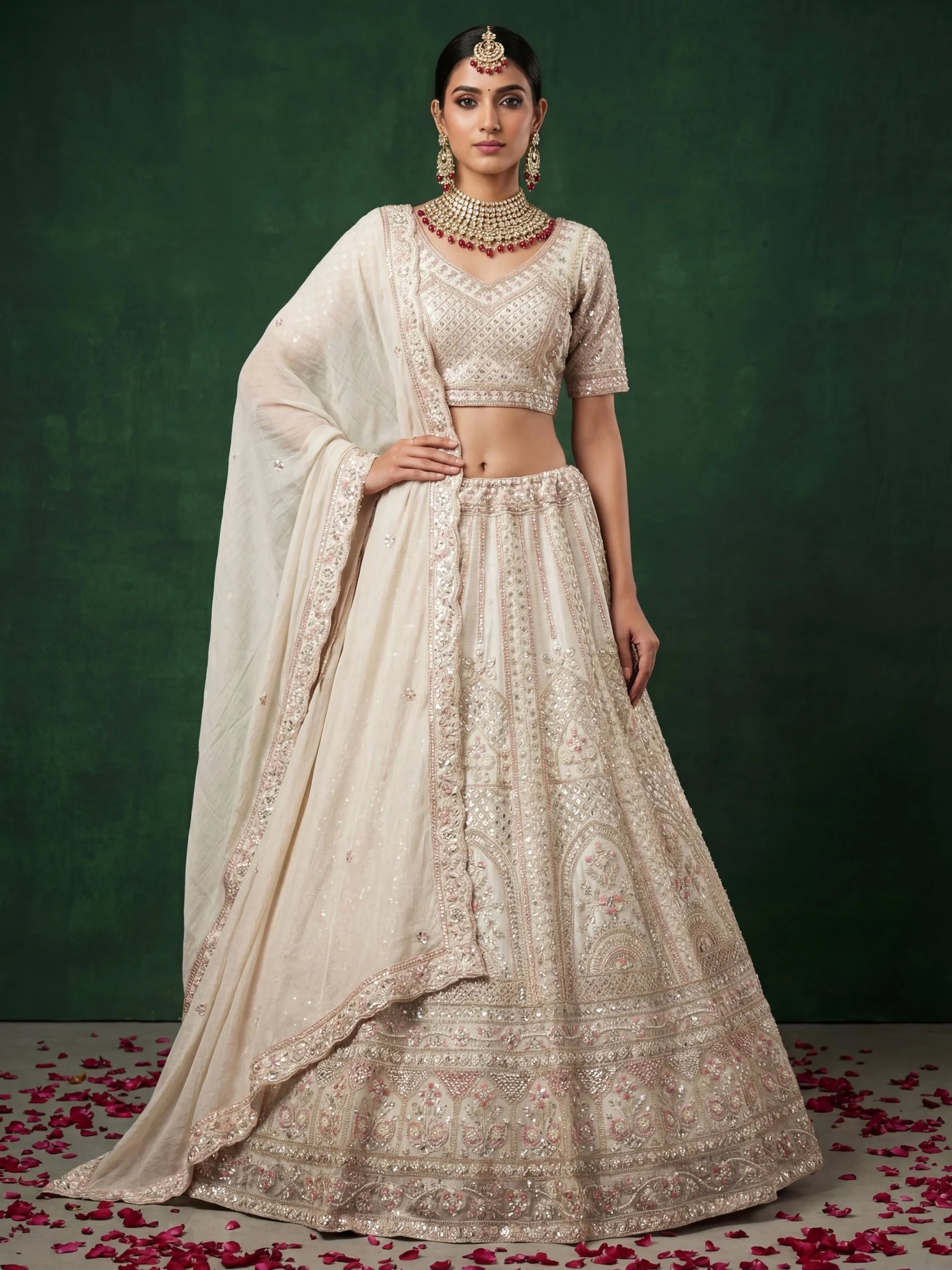 Beautiful White Heavy Embroidered Satin Sangeet Wear Lehenga Choli With Dupatta