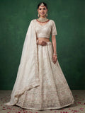 Beautiful White Heavy Embroidered Satin Sangeet Wear Lehenga Choli With Dupatta
