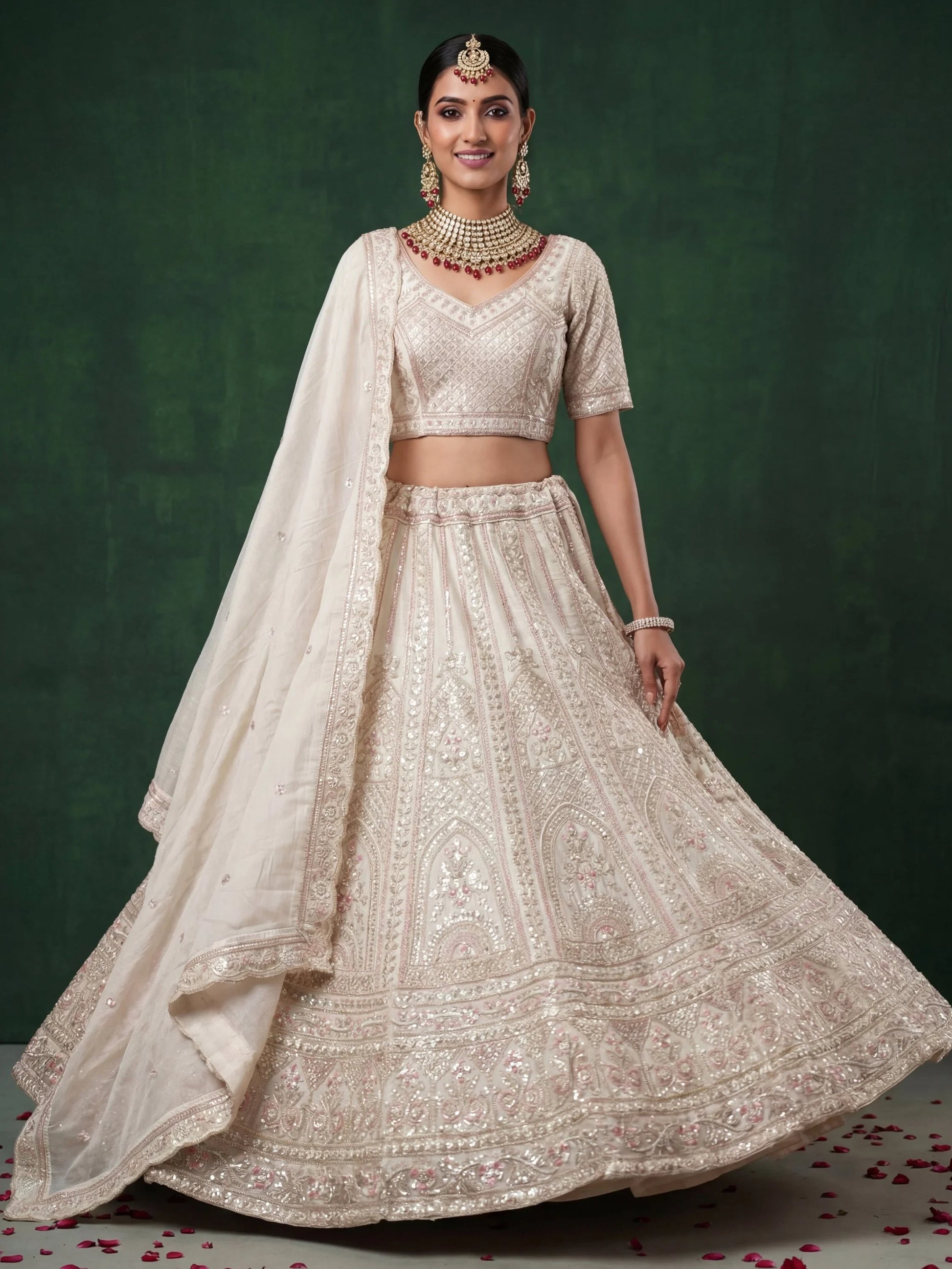 Beautiful White Heavy Embroidered Satin Sangeet Wear Lehenga Choli With Dupatta