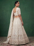 Beautiful White Heavy Embroidered Satin Sangeet Wear Lehenga Choli With Dupatta