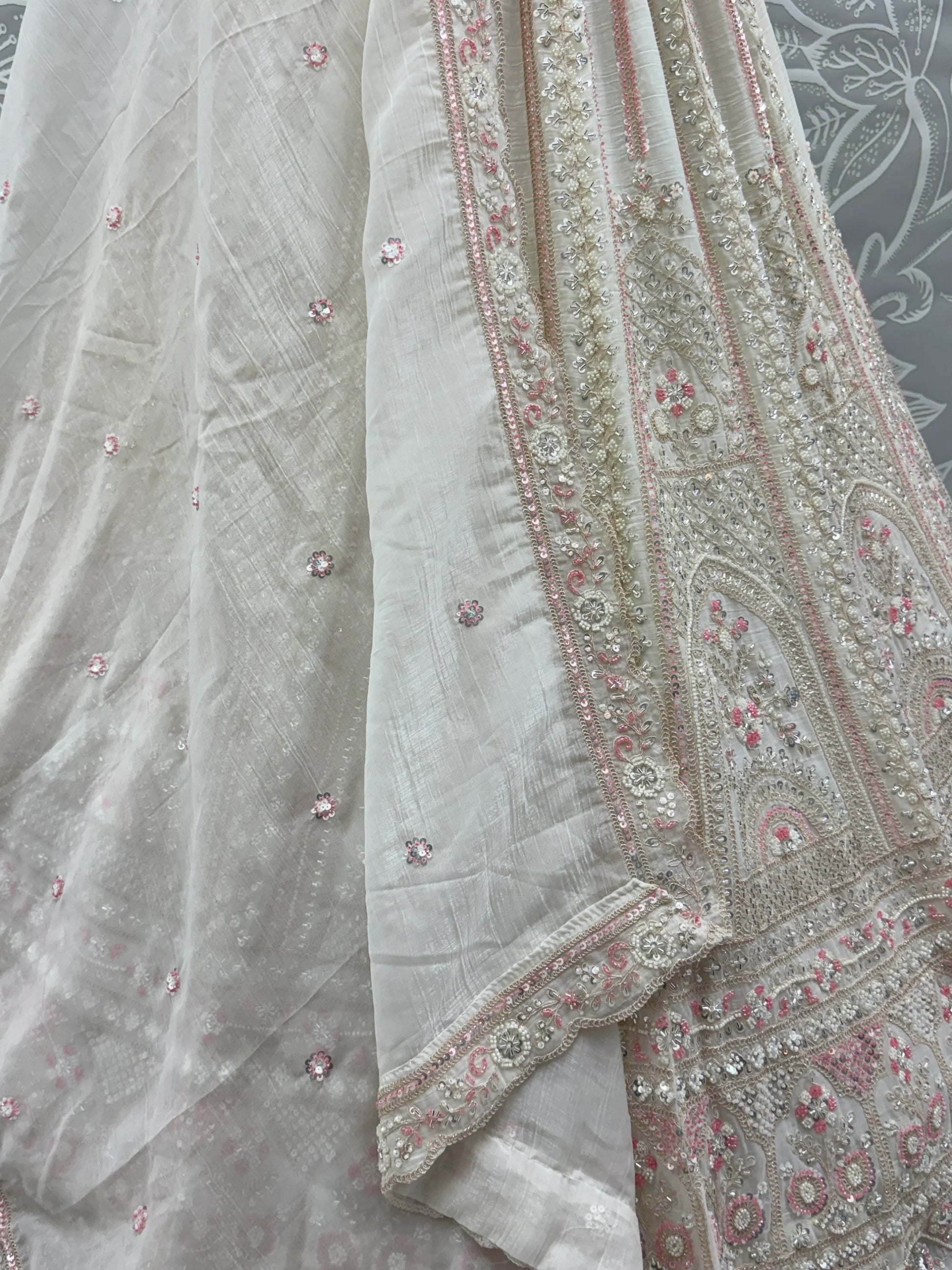 Beautiful White Heavy Embroidered Satin Sangeet Wear Lehenga Choli With Dupatta
