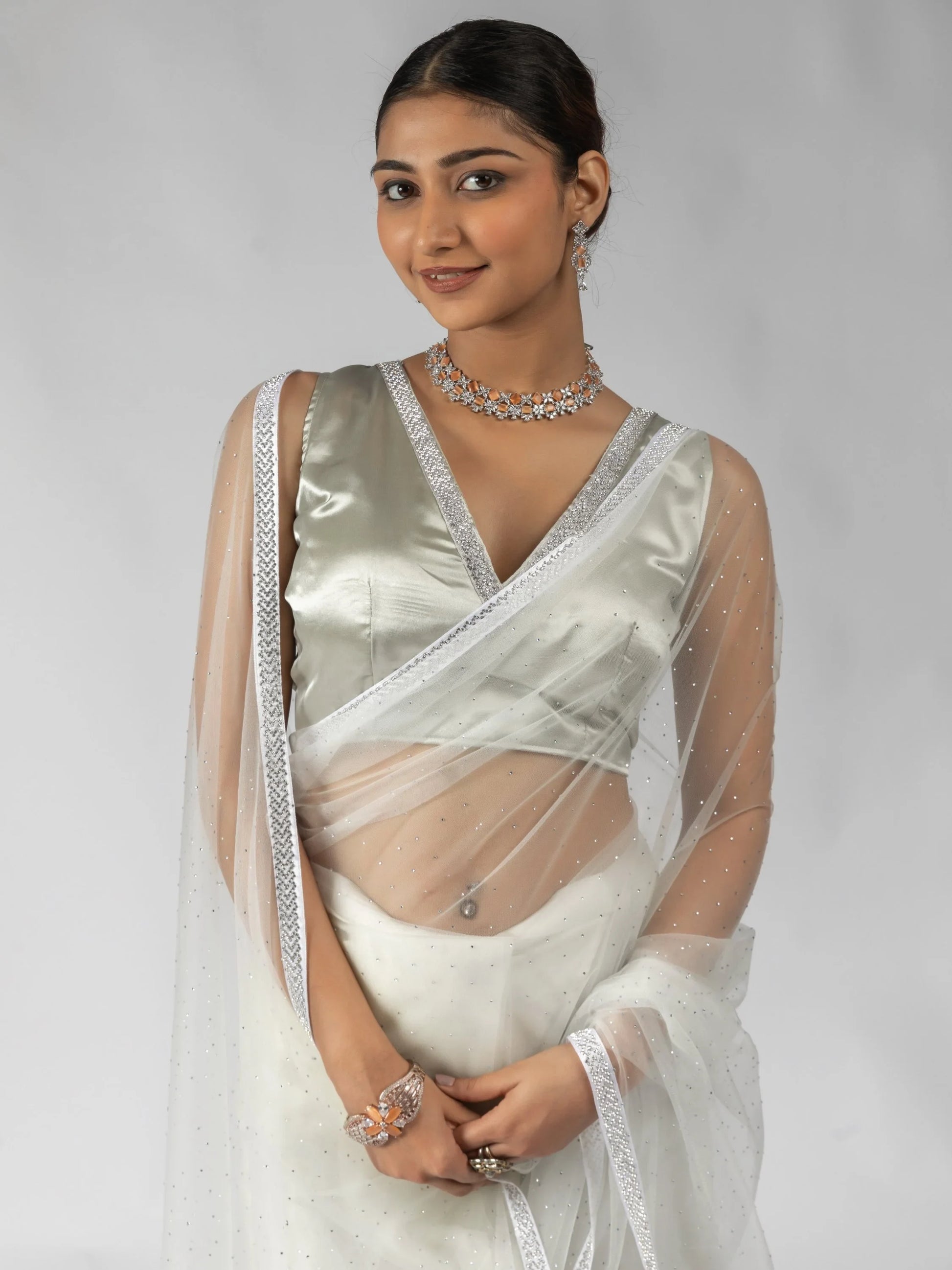 Beautiful White Lace Bordered Net Designer Pre-Stitched Saree - Zeel Clothing