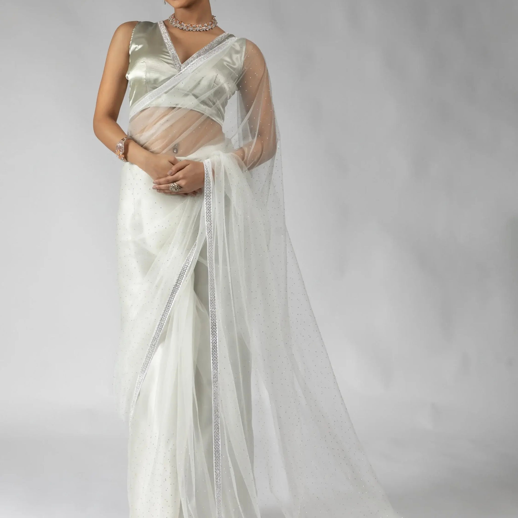 Beautiful White Lace Bordered Net Designer Pre-Stitched Saree - Zeel Clothing