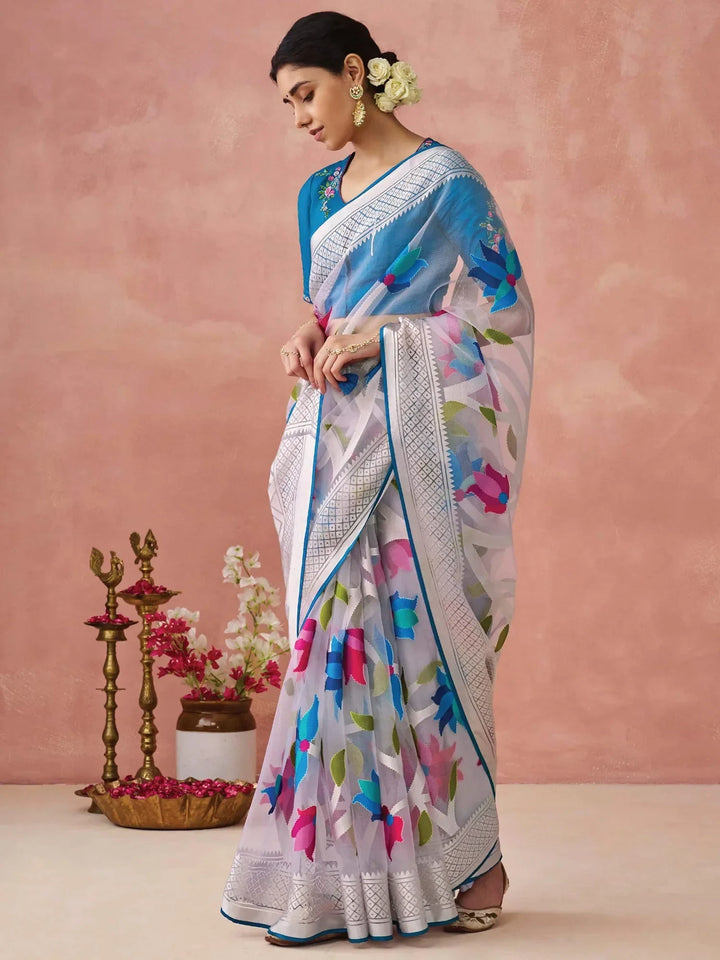 Beautiful White Printed Organza Event Wear Saree With Blouse - Zeel Clothing