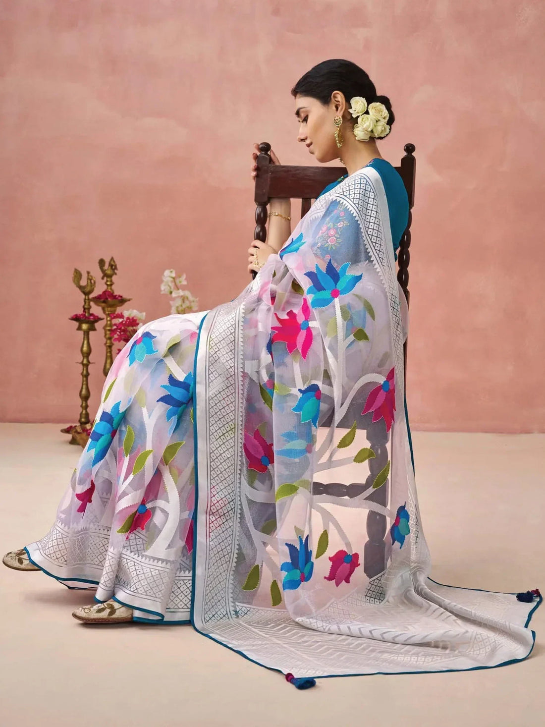 Beautiful White Printed Organza Event Wear Saree With Blouse - Zeel Clothing