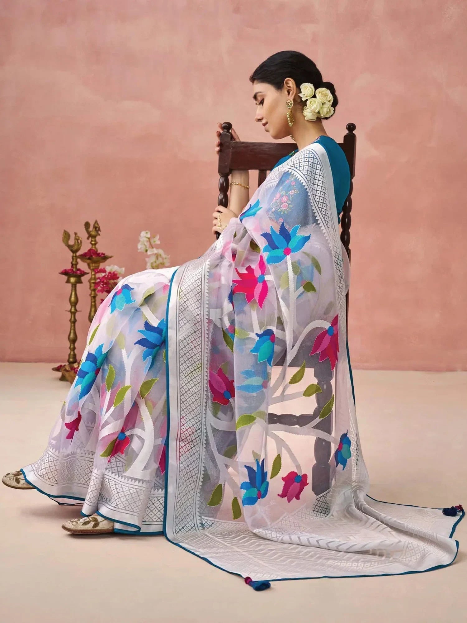 Beautiful White Printed Organza Event Wear Saree With Blouse - Zeel Clothing