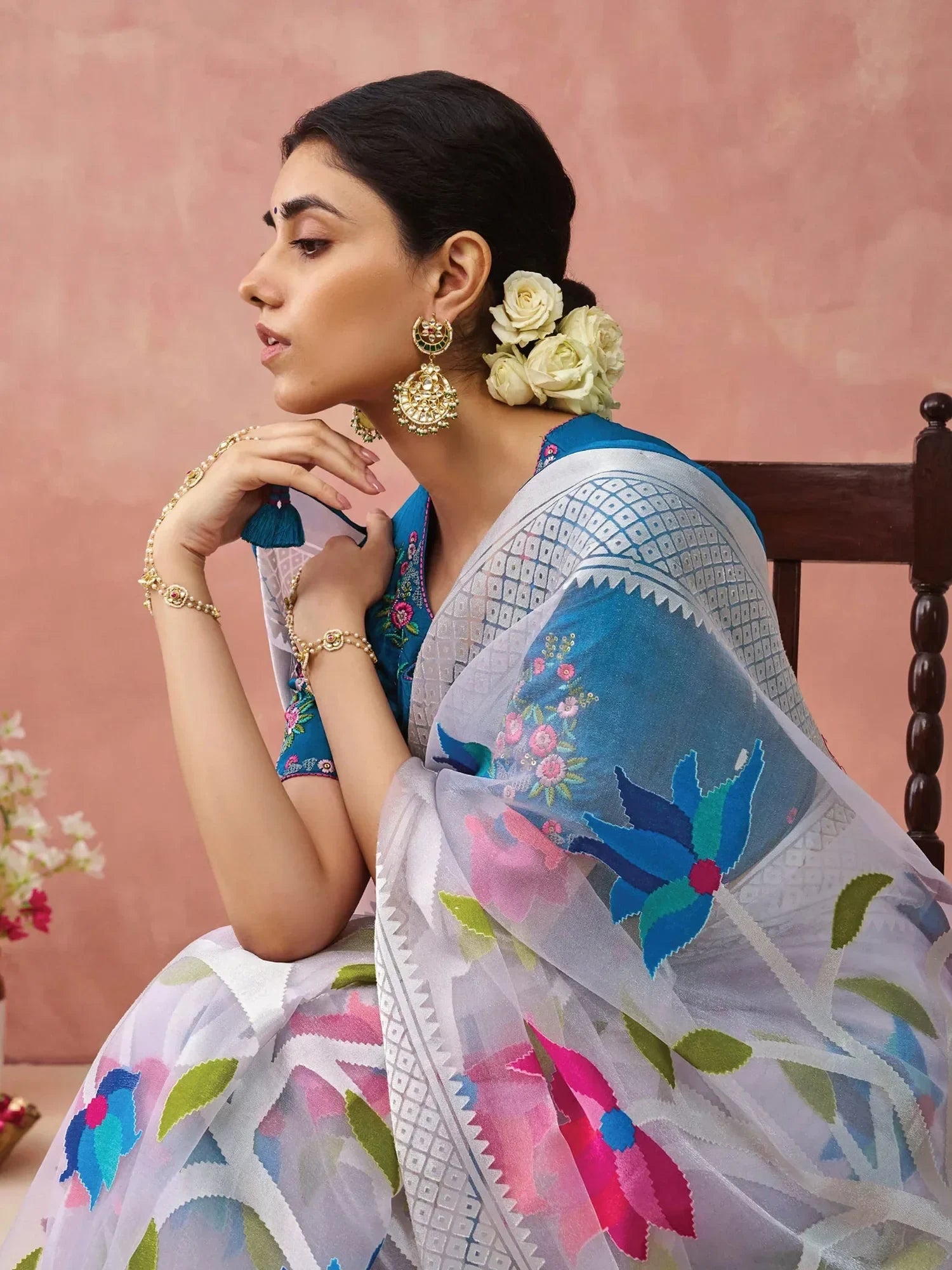 Beautiful White Printed Organza Event Wear Saree With Blouse - Zeel Clothing