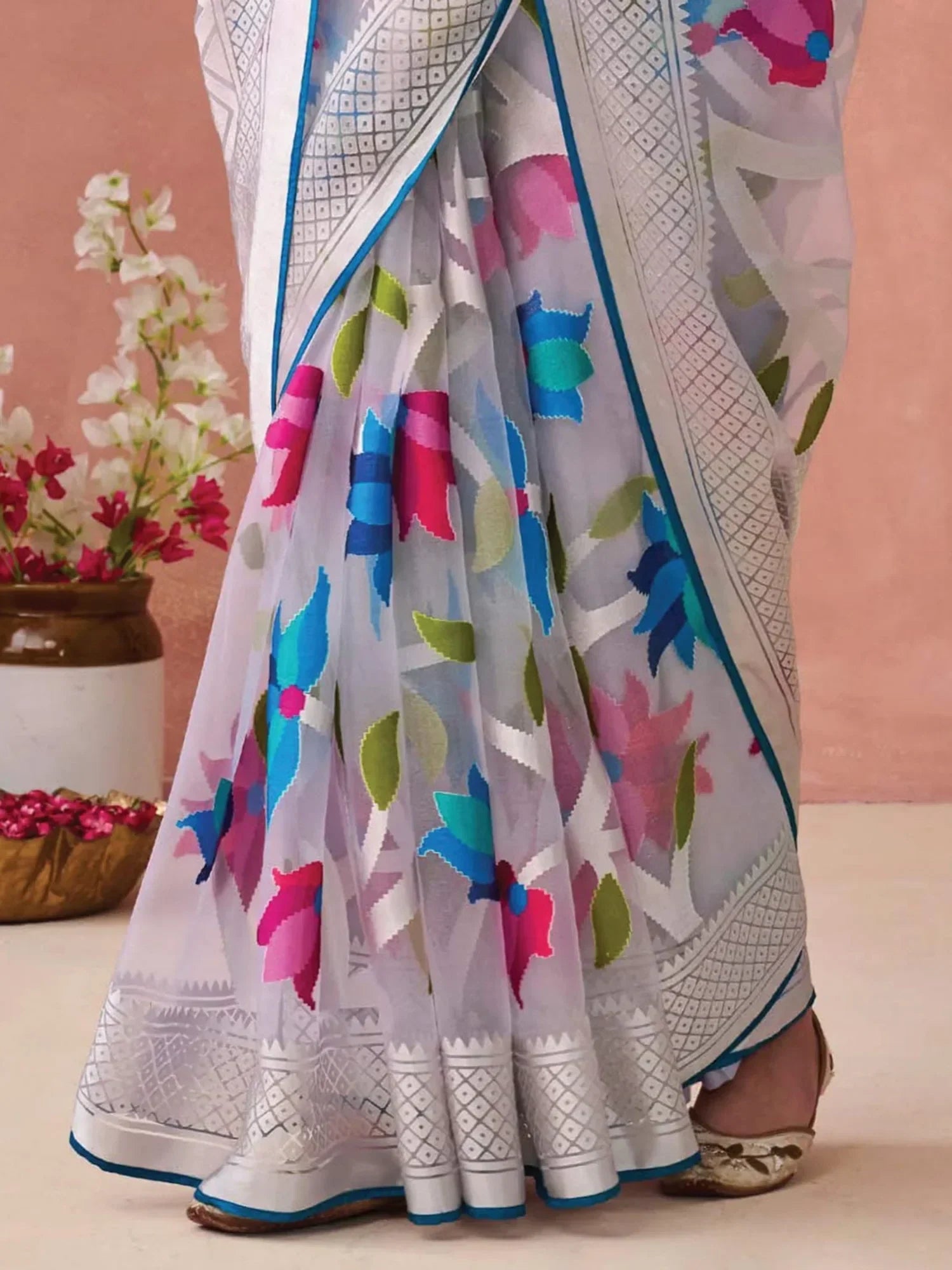 Beautiful White Printed Organza Event Wear Saree With Blouse - Zeel Clothing