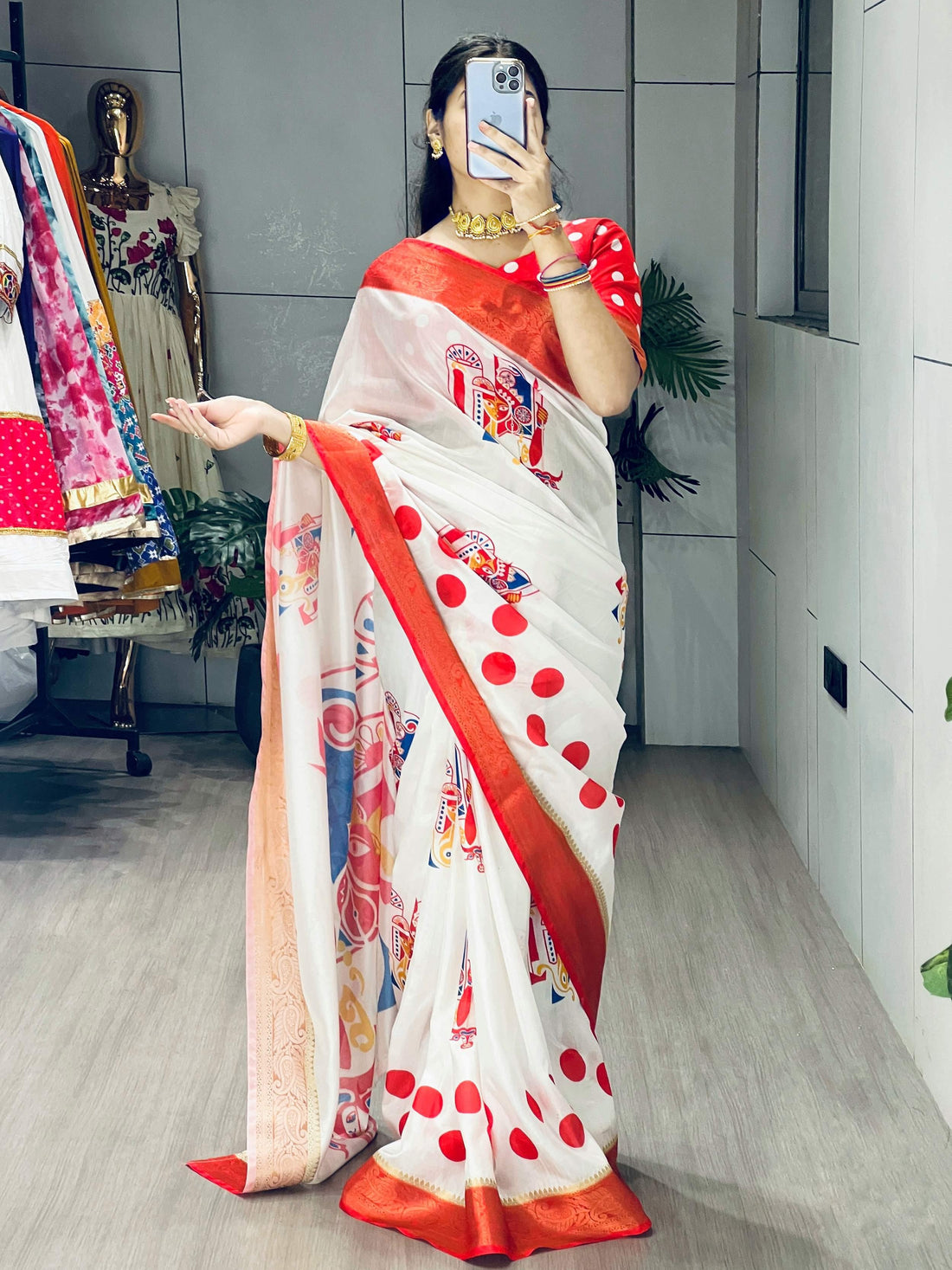 Beautiful White Printed Silk Durga Puja Saree With Red Blouse