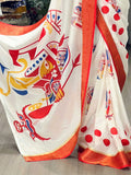 Beautiful White Printed Silk Durga Puja Saree With Red Blouse