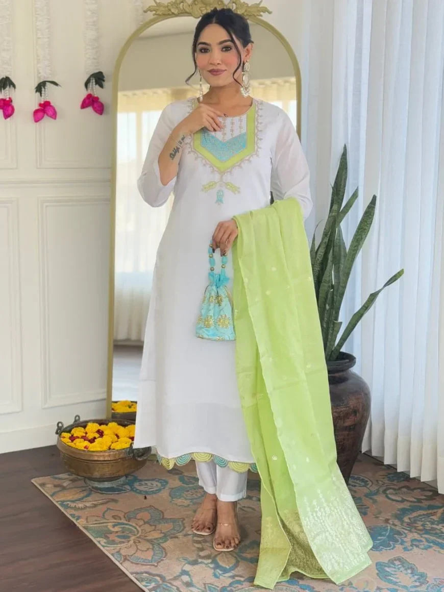 Beautiful White Thread Embroidered Chanderi Silk Festive Wear Pant Suit - Zeel Clothing