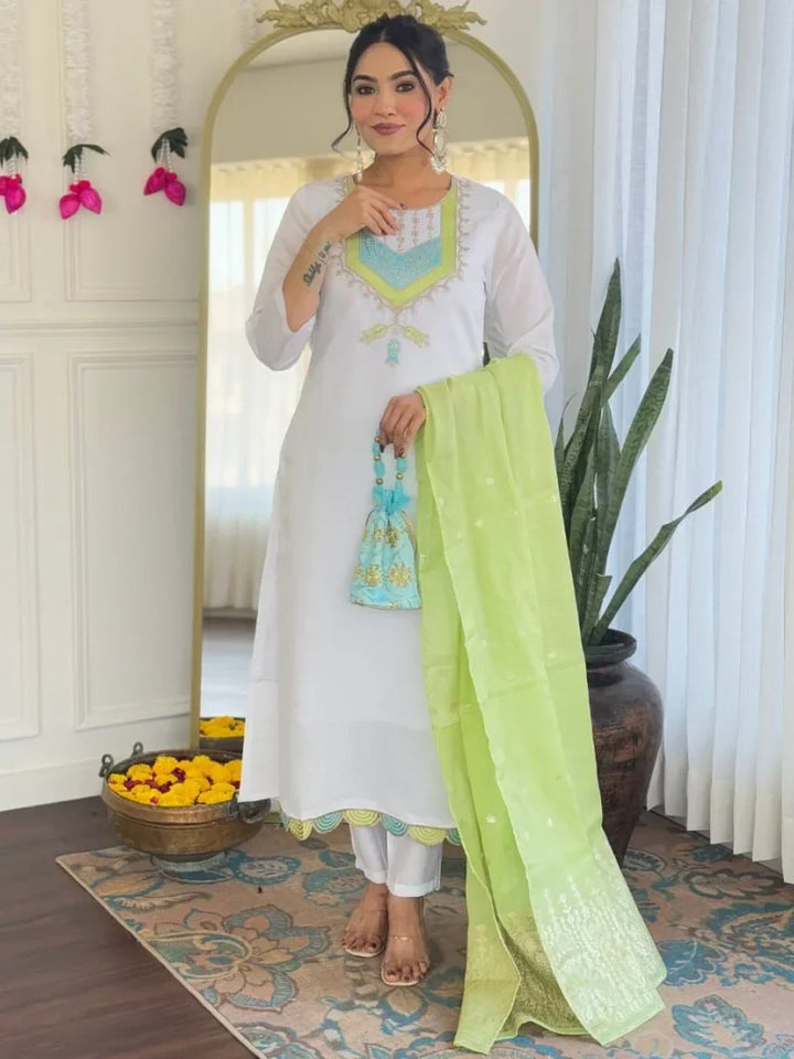 Beautiful White Thread Embroidered Chanderi Silk Festive Wear Pant Suit - Zeel Clothing