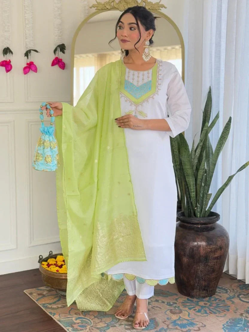 Beautiful White Thread Embroidered Chanderi Silk Festive Wear Pant Suit - Zeel Clothing