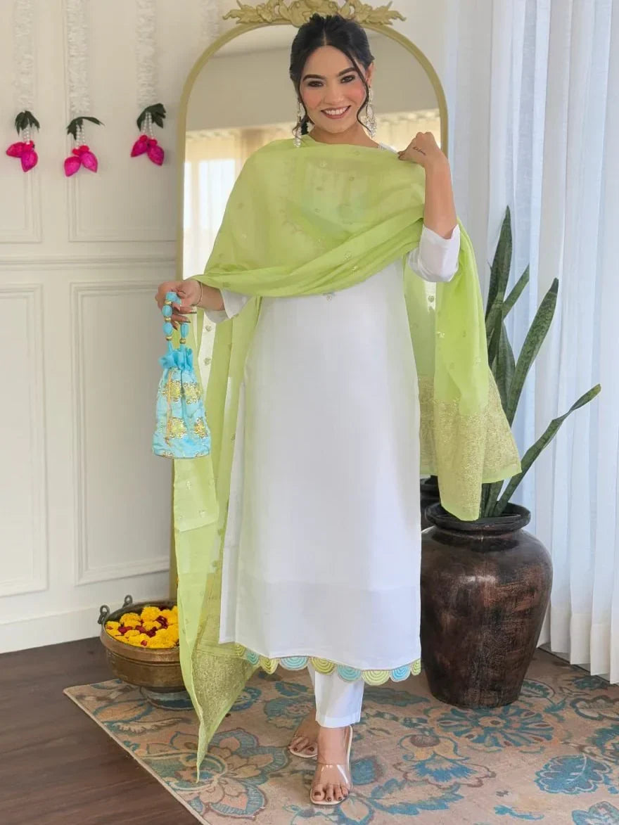 Beautiful White Thread Embroidered Chanderi Silk Festive Wear Pant Suit - Zeel Clothing