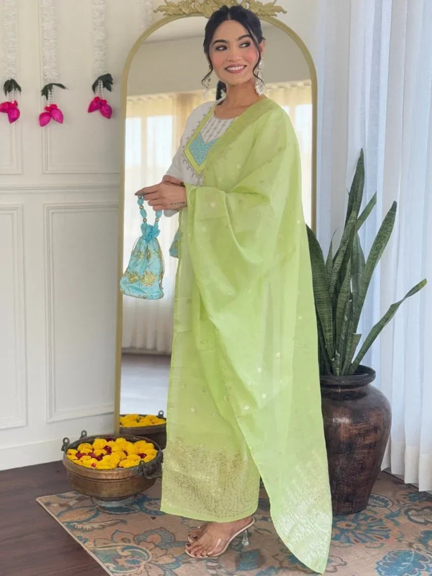 Beautiful White Thread Embroidered Chanderi Silk Festive Wear Pant Suit - Zeel Clothing