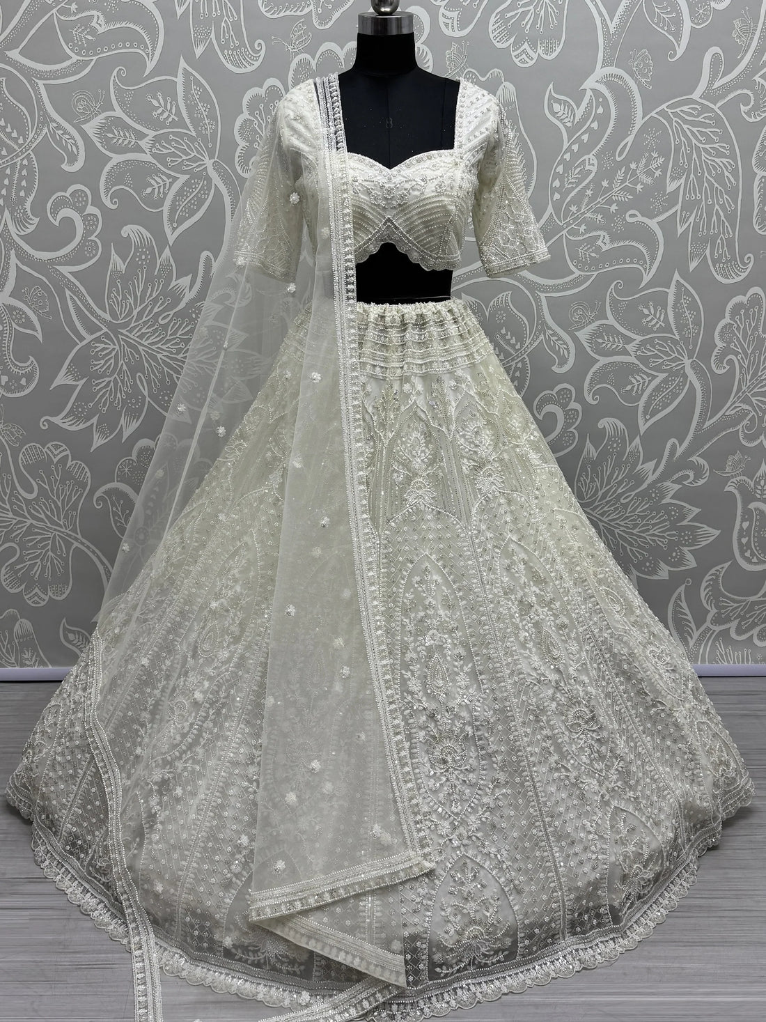 Beautiful White Thread Work Net Bridesmaid Lehenga Choli With Dupatta - Zeel Clothing