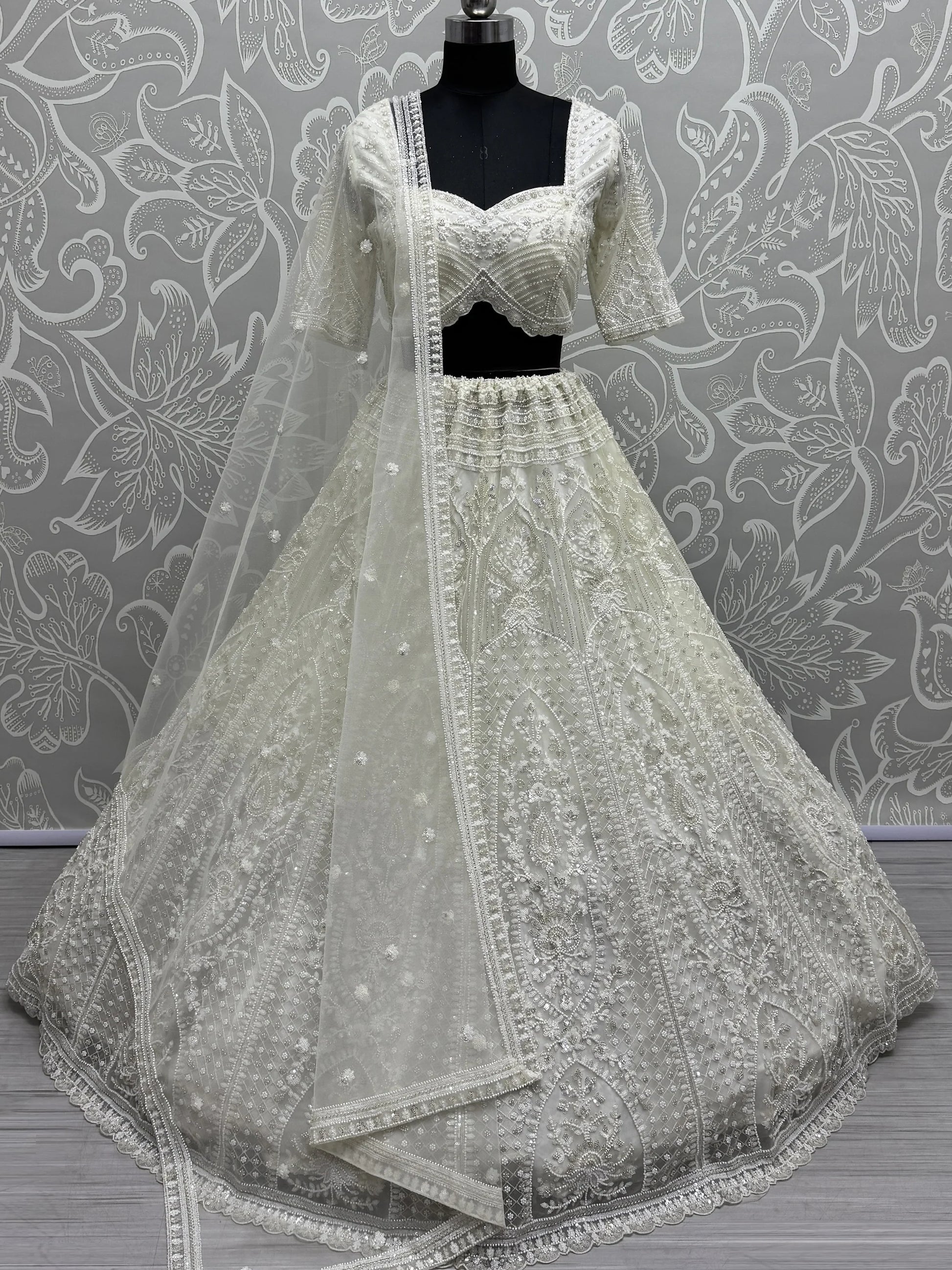 Beautiful White Thread Work Net Bridesmaid Lehenga Choli With Dupatta - Zeel Clothing