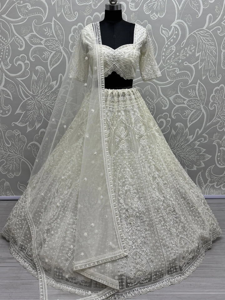 Beautiful White Thread Work Net Bridesmaid Lehenga Choli With Dupatta - Zeel Clothing