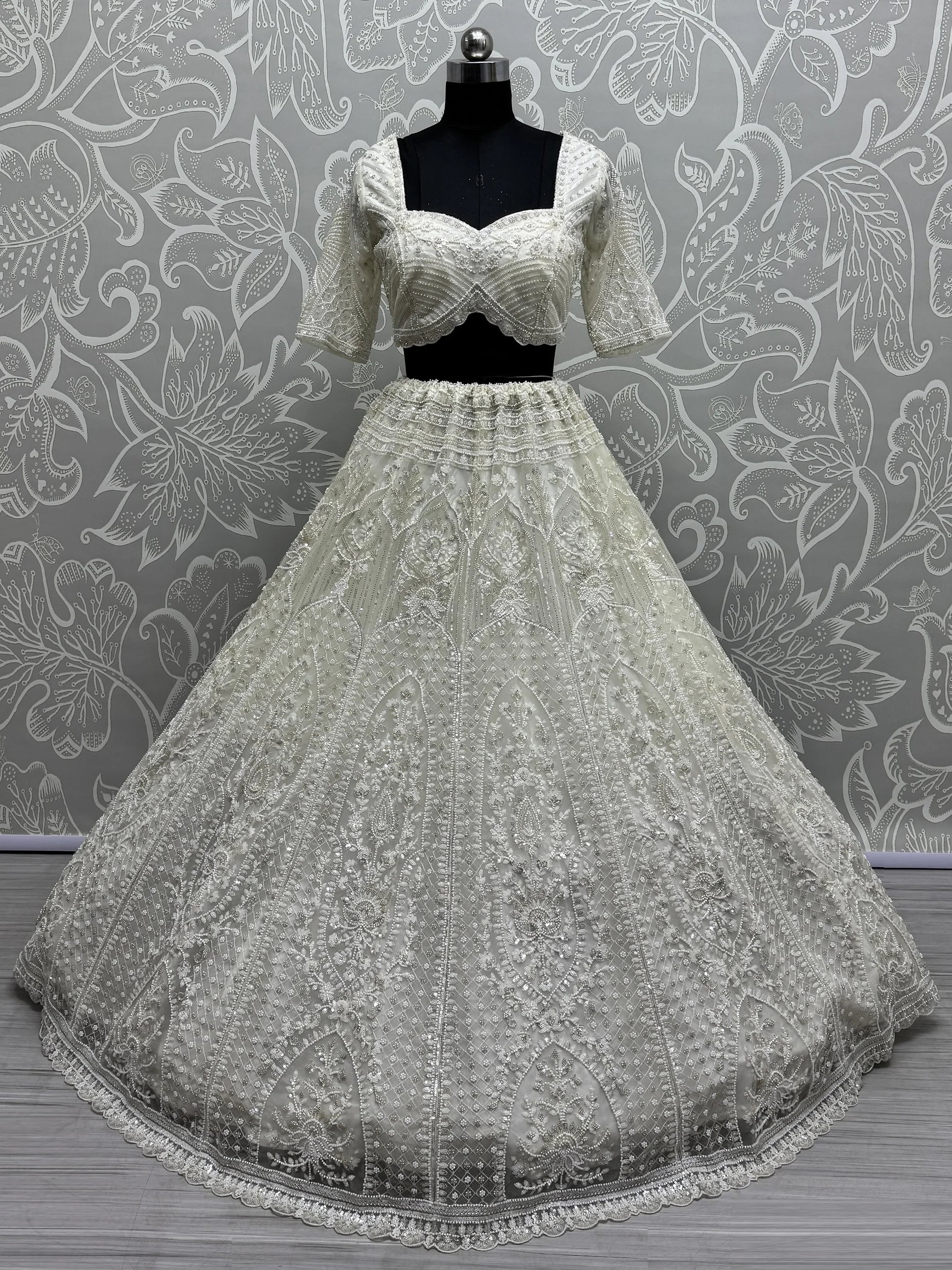 Beautiful White Thread Work Net Bridesmaid Lehenga Choli With Dupatta - Zeel Clothing