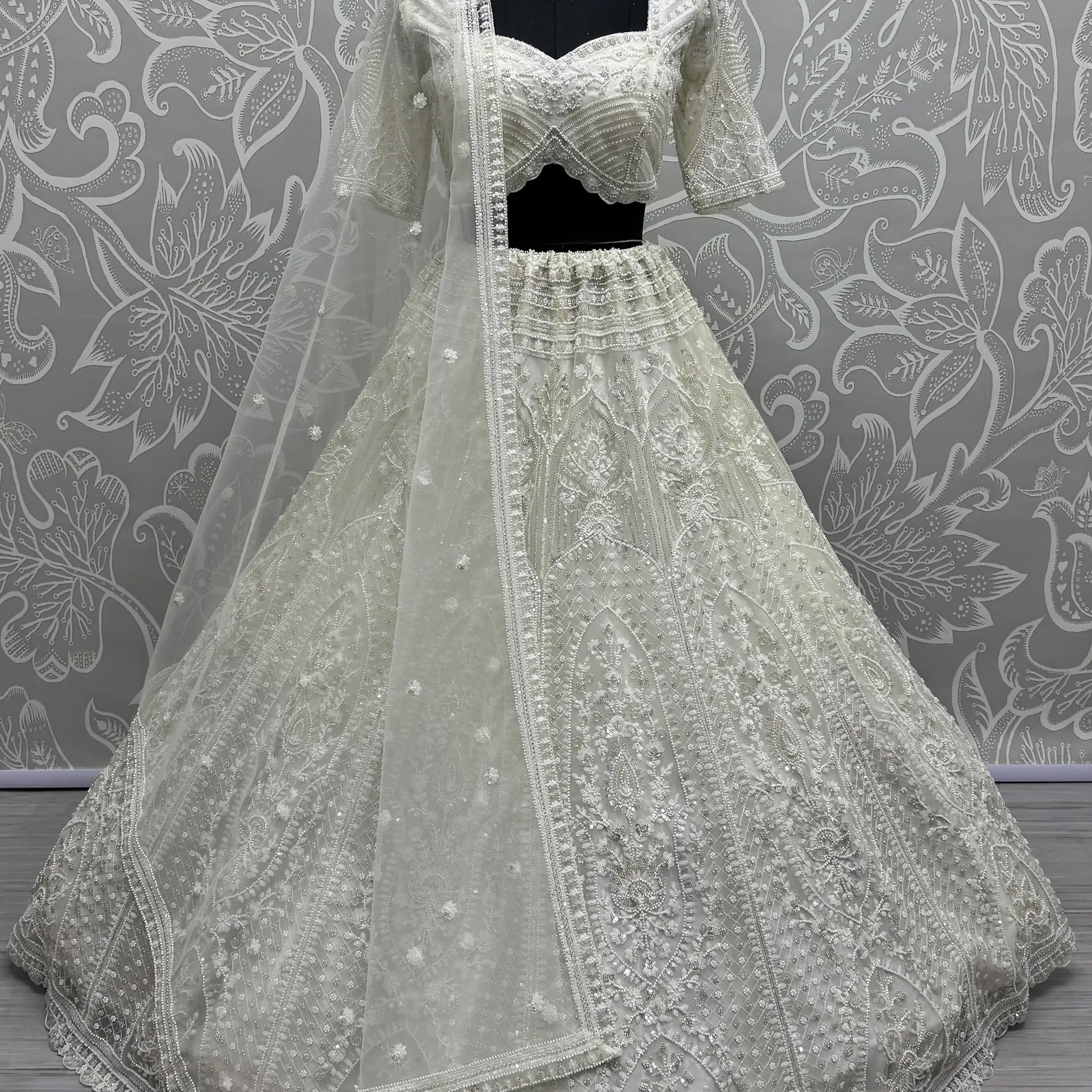 Beautiful White Thread Work Net Bridesmaid Lehenga Choli With Dupatta - Zeel Clothing