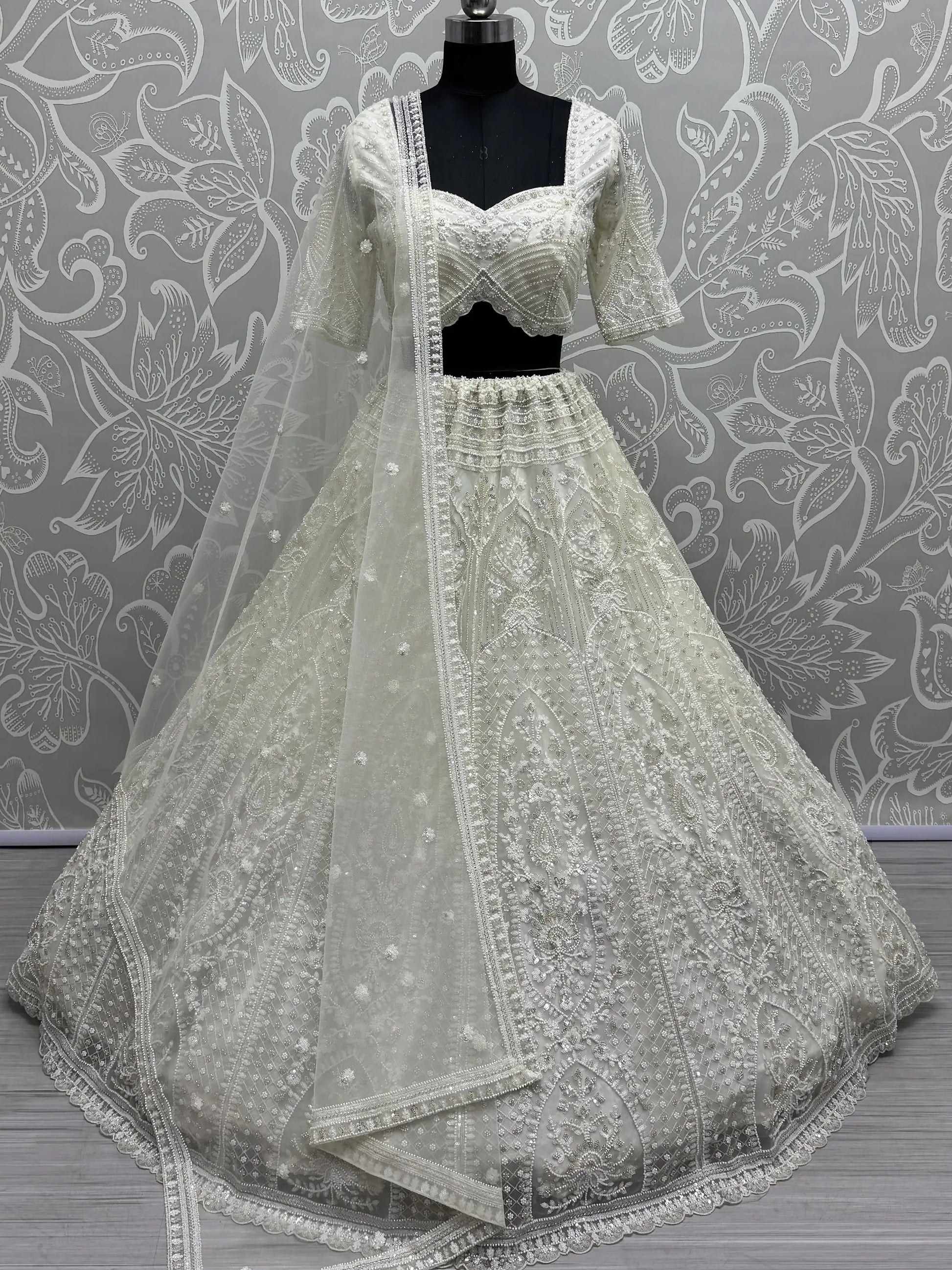 Beautiful White Thread Work Net Bridesmaid Lehenga Choli With Dupatta - Zeel Clothing