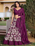 Beautiful Wine Floral Printed Tussar Silk Traditional Lehenga Choli