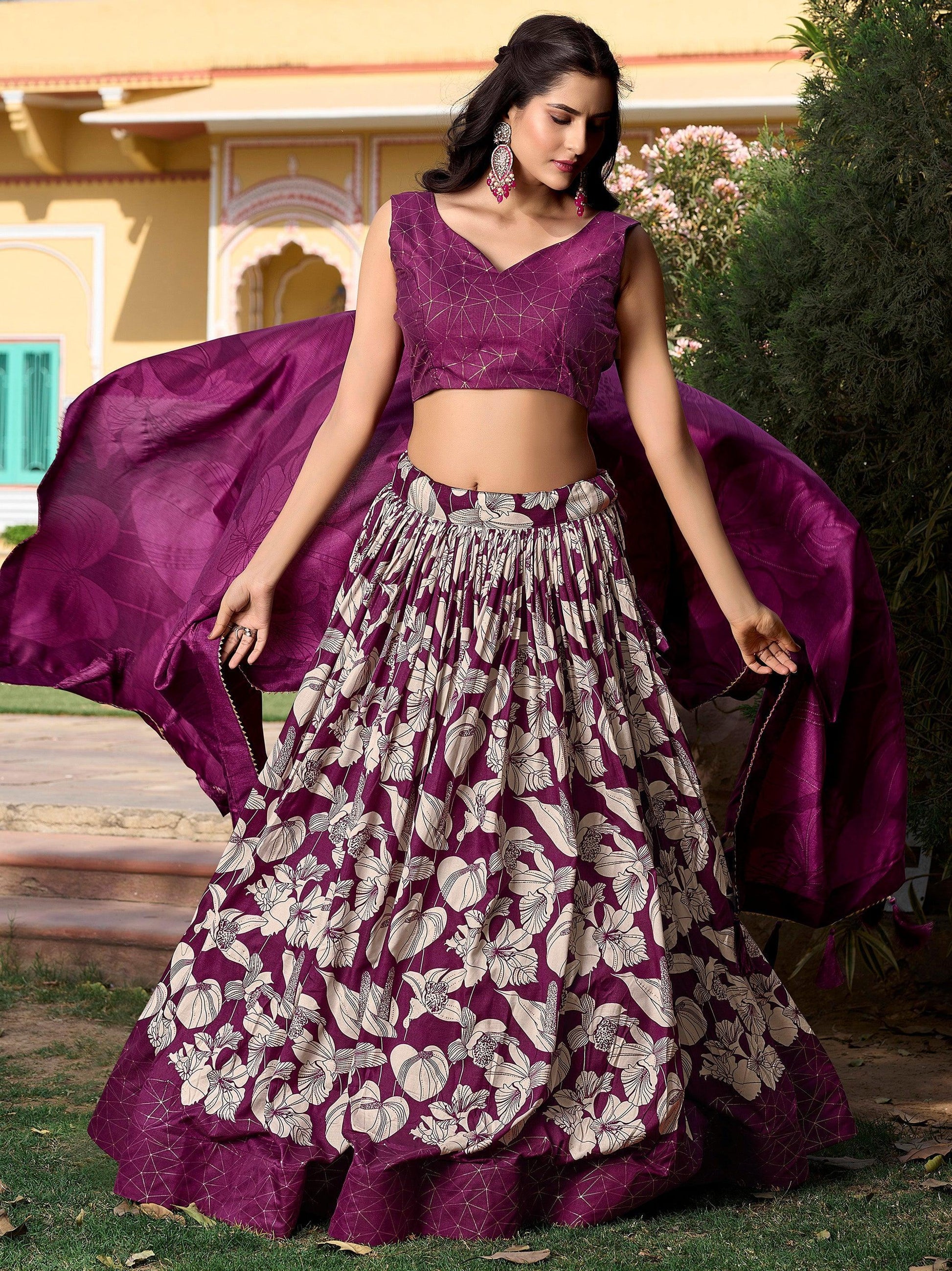 Beautiful Wine Floral Printed Tussar Silk Traditional Lehenga Choli