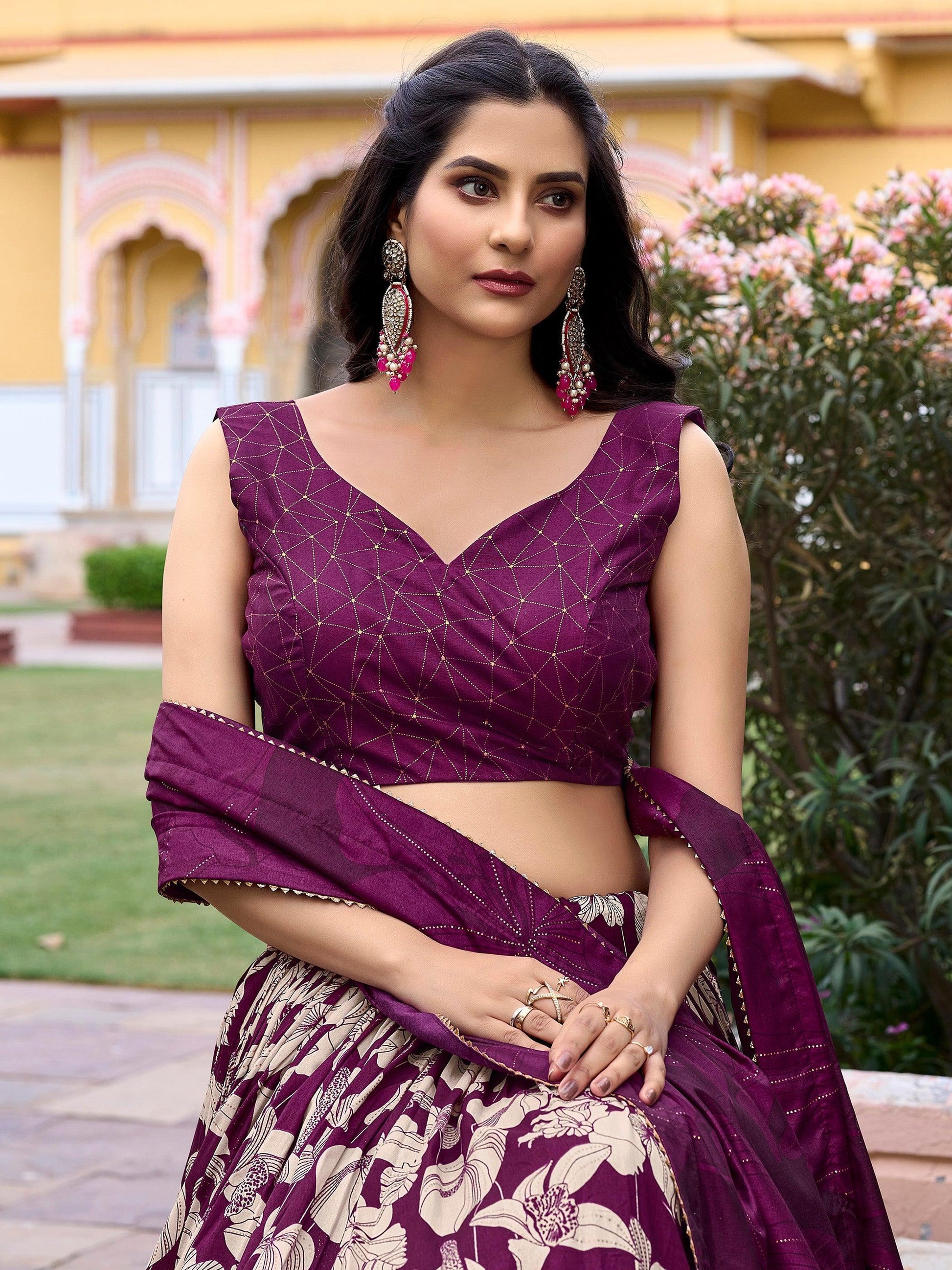 Beautiful Wine Floral Printed Tussar Silk Traditional Lehenga Choli