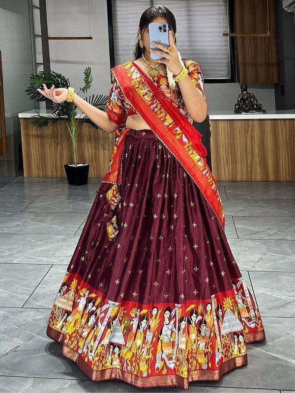 Beautiful Wine Kalamkari Print Silk Lehenga Choli With Dupatta - Zeel Clothing