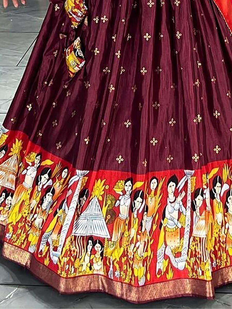 Beautiful Wine Kalamkari Print Silk Lehenga Choli With Dupatta - Zeel Clothing