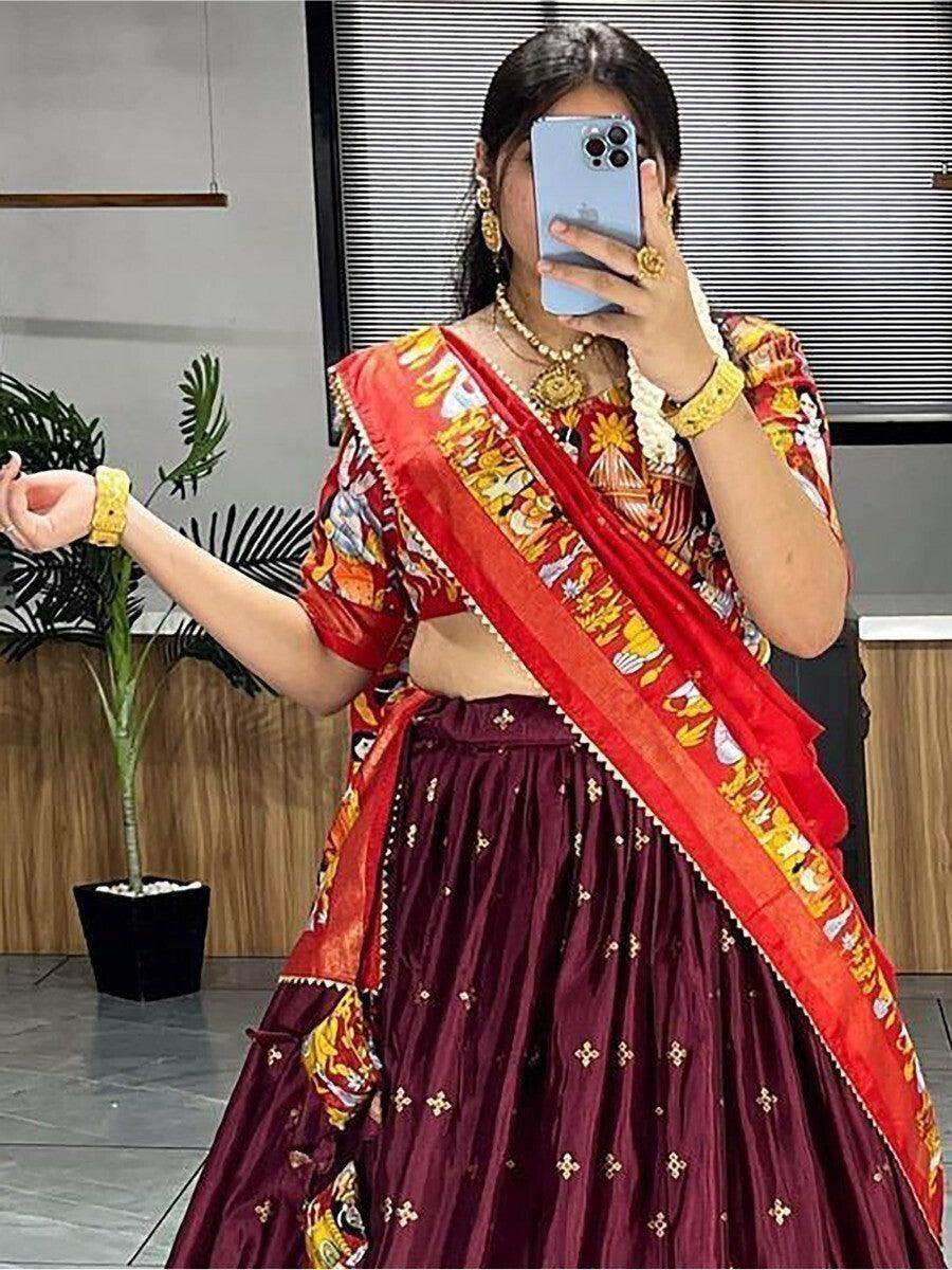 Beautiful Wine Kalamkari Print Silk Lehenga Choli With Dupatta - Zeel Clothing