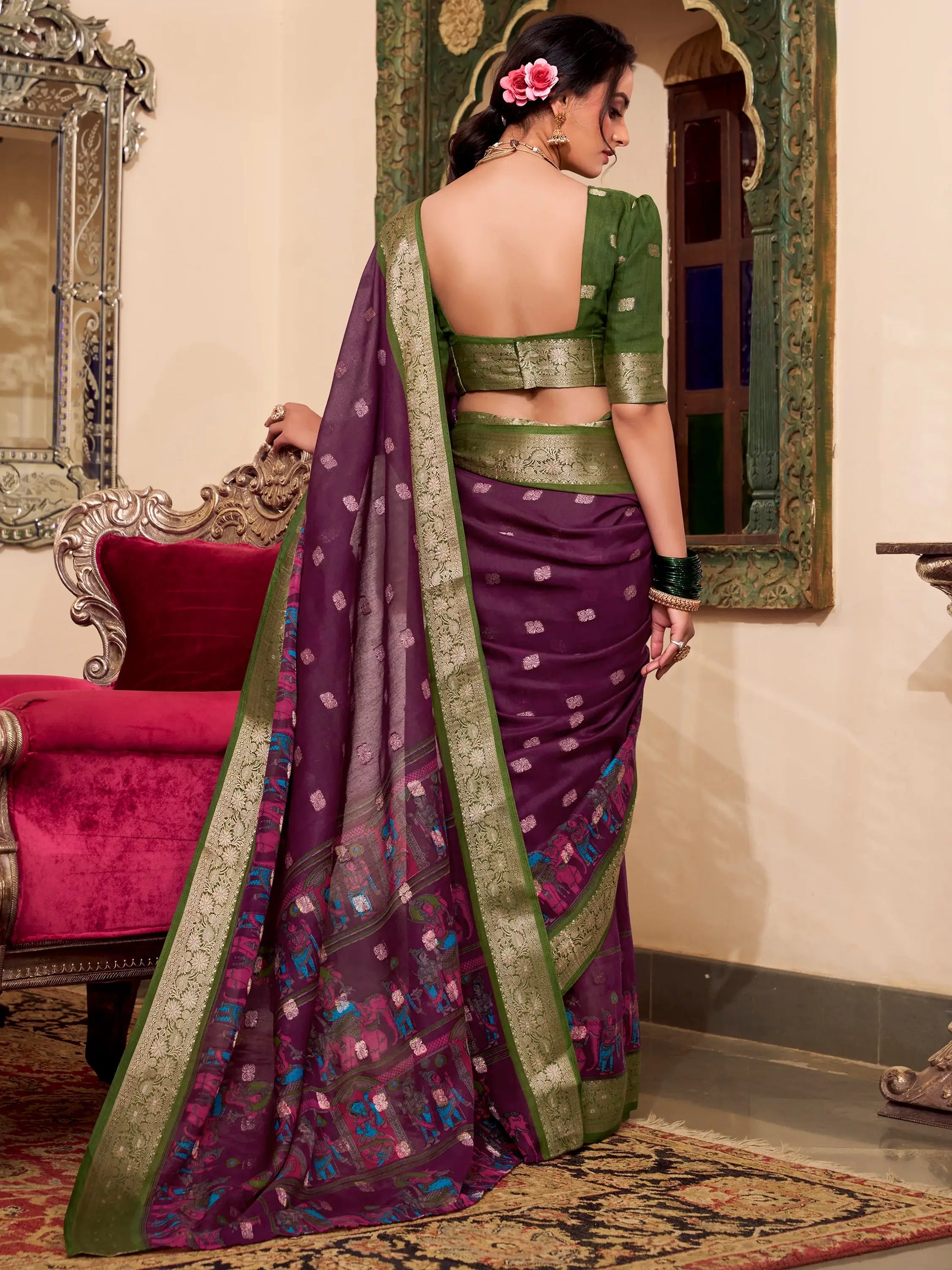 Beautiful Wine Kalamkari Printed Cotton Casual Wear Saree With Blouse - Zeel Clothing