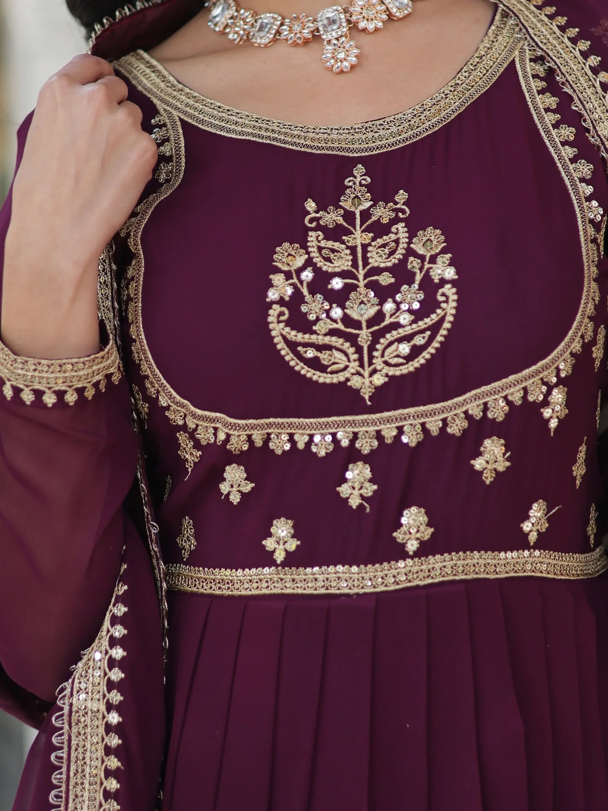 Beautiful Wine Sequins Work Georgette Bridal Wear Gown With Dupatta - Zeel Clothing