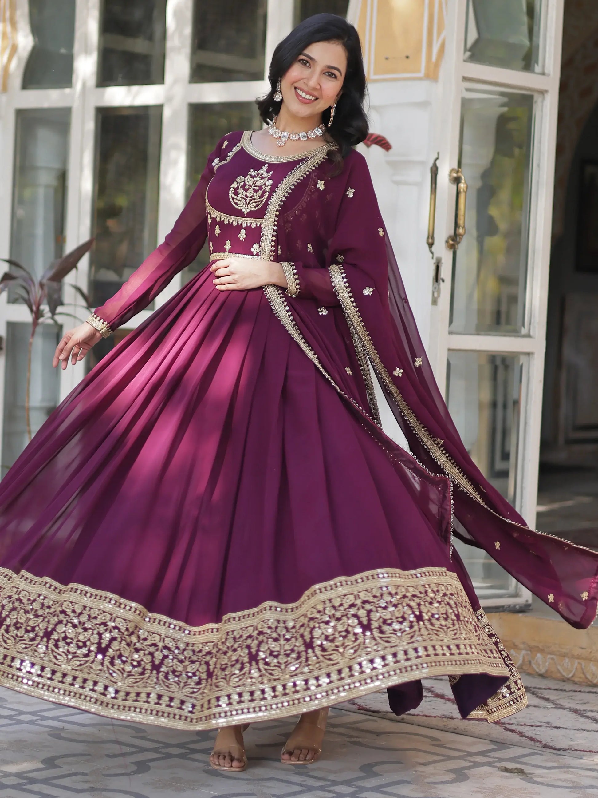Beautiful Wine Sequins Work Georgette Bridal Wear Gown With Dupatta - Zeel Clothing