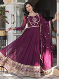 Beautiful Wine Sequins Work Georgette Bridal Wear Gown With Dupatta - Zeel Clothing