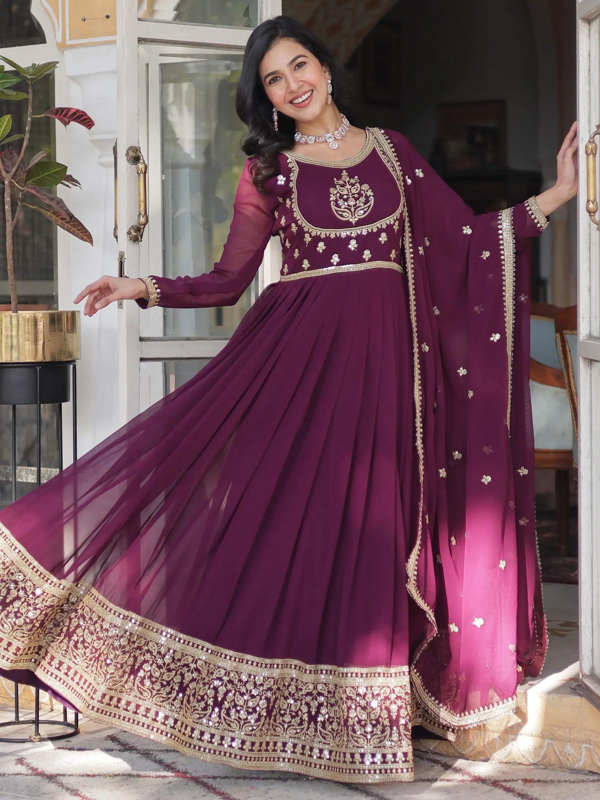 Beautiful Wine Sequins Work Georgette Bridal Wear Gown With Dupatta - Zeel Clothing
