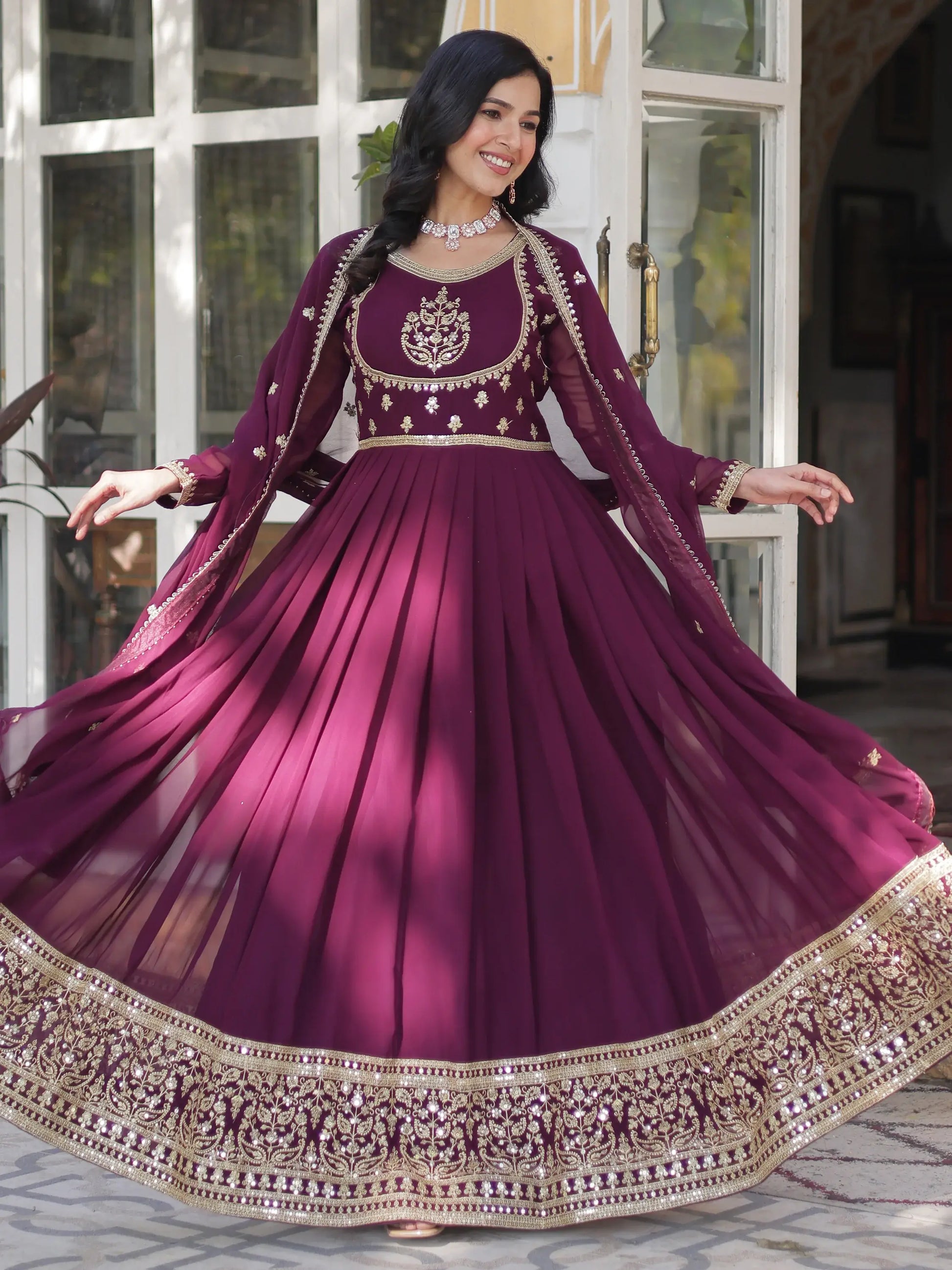 Beautiful Wine Sequins Work Georgette Bridal Wear Gown With Dupatta - Zeel Clothing