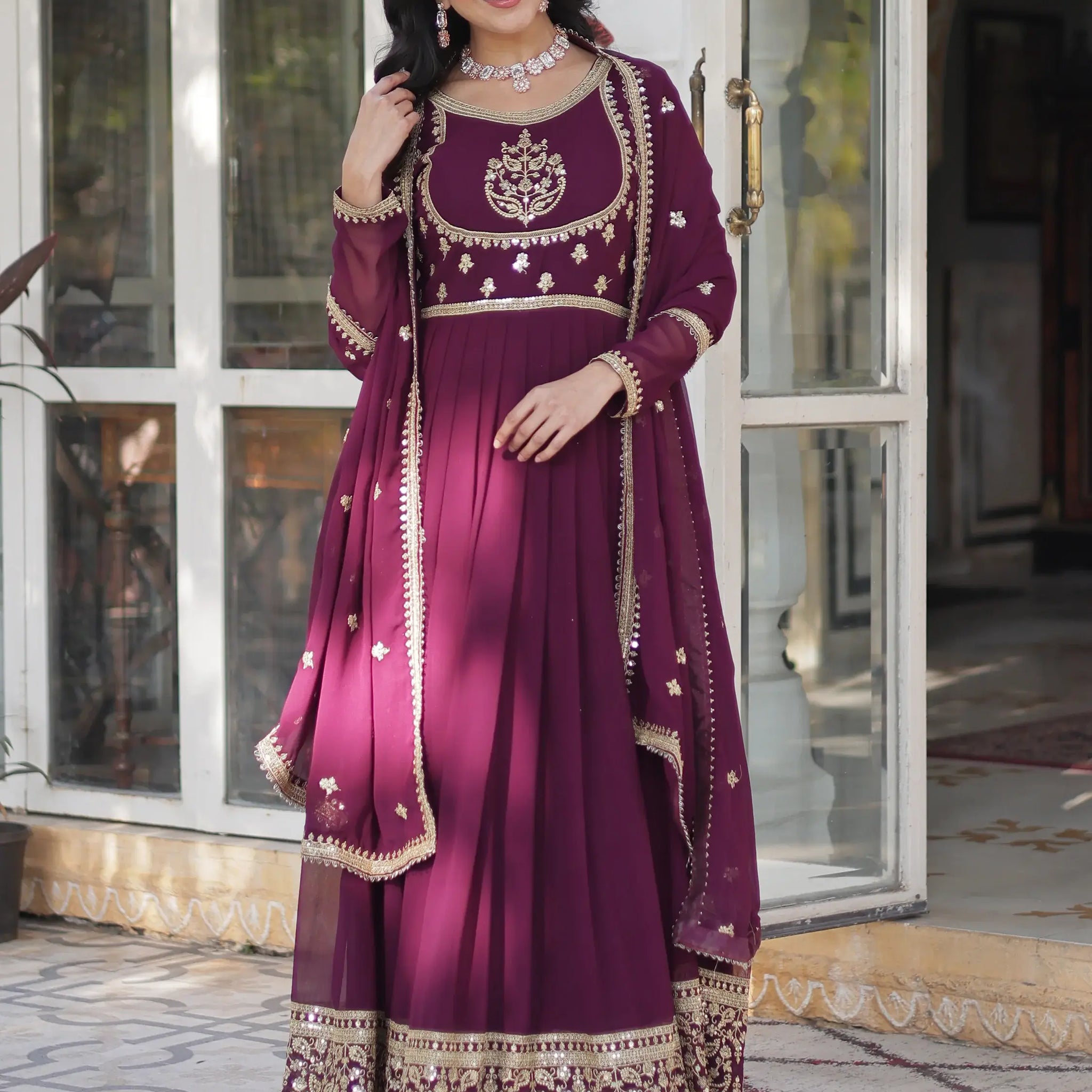 Beautiful Wine Sequins Work Georgette Bridal Wear Gown With Dupatta - Zeel Clothing