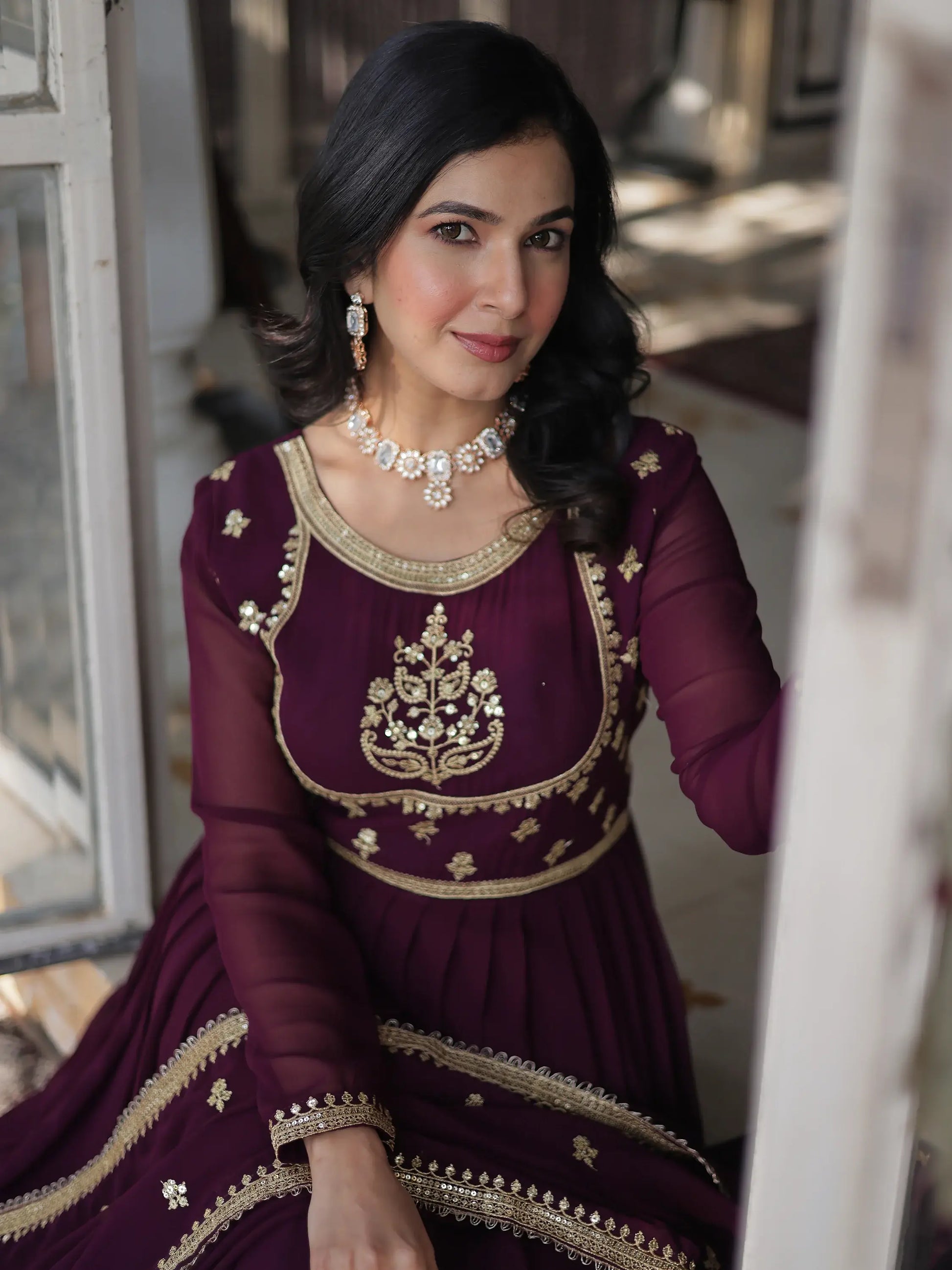 Beautiful Wine Sequins Work Georgette Bridal Wear Gown With Dupatta - Zeel Clothing