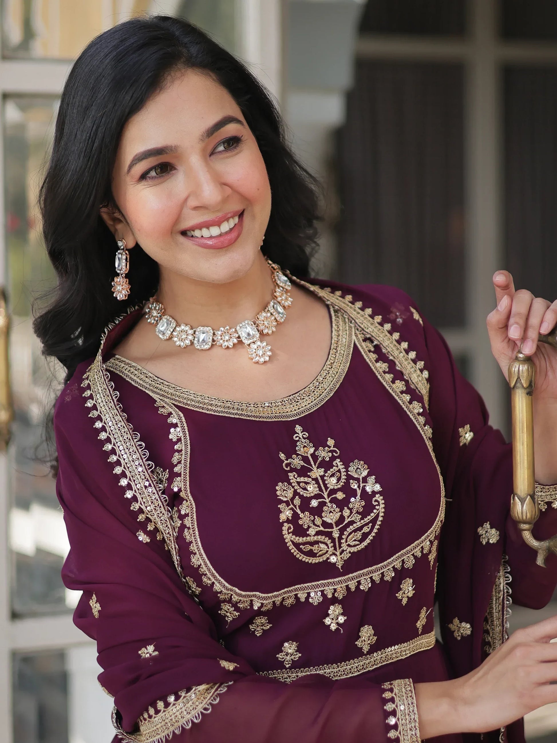Beautiful Wine Sequins Work Georgette Bridal Wear Gown With Dupatta - Zeel Clothing