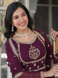 Beautiful Wine Sequins Work Georgette Bridal Wear Gown With Dupatta - Zeel Clothing