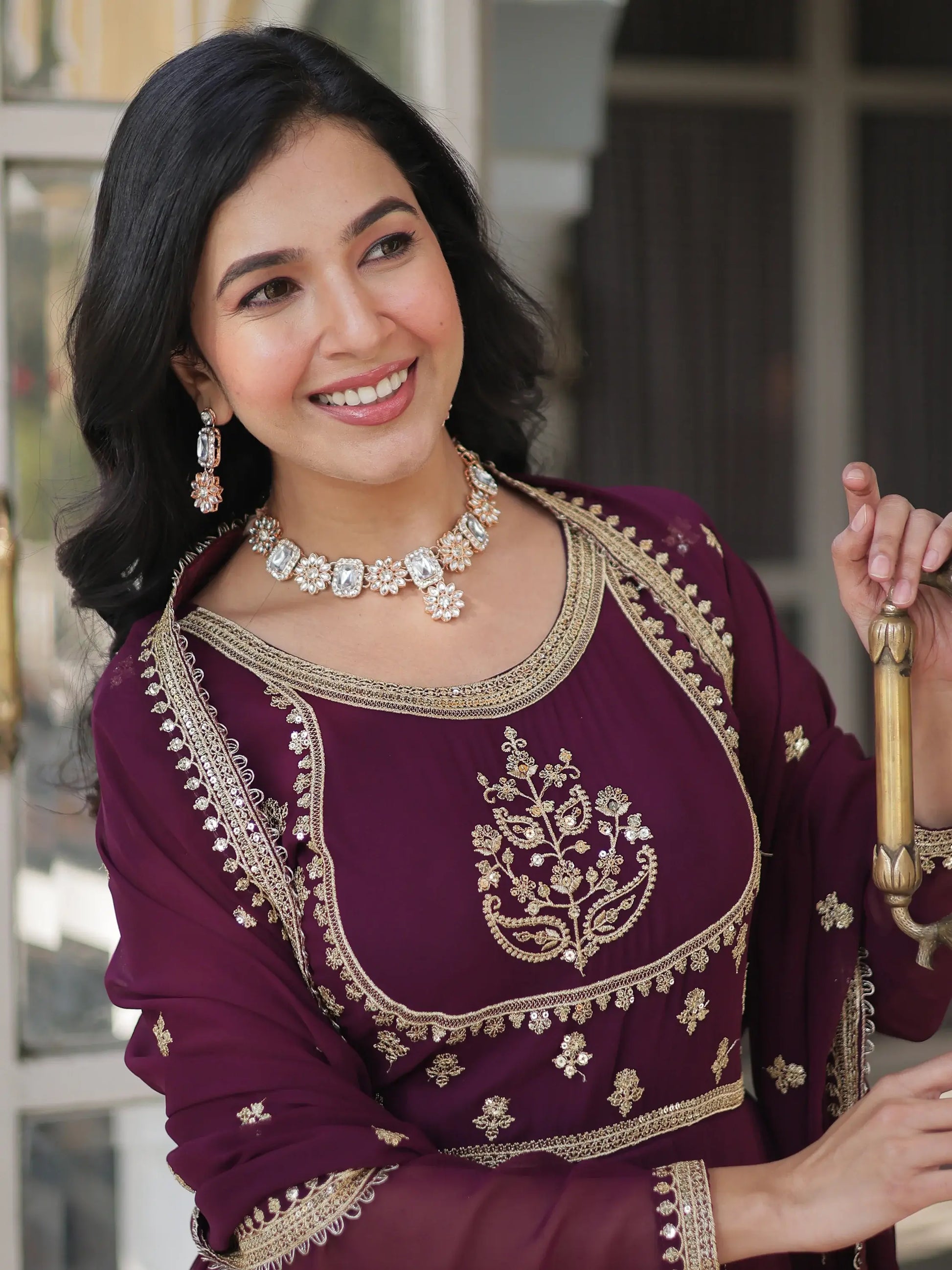 Beautiful Wine Sequins Work Georgette Bridal Wear Gown With Dupatta - Zeel Clothing