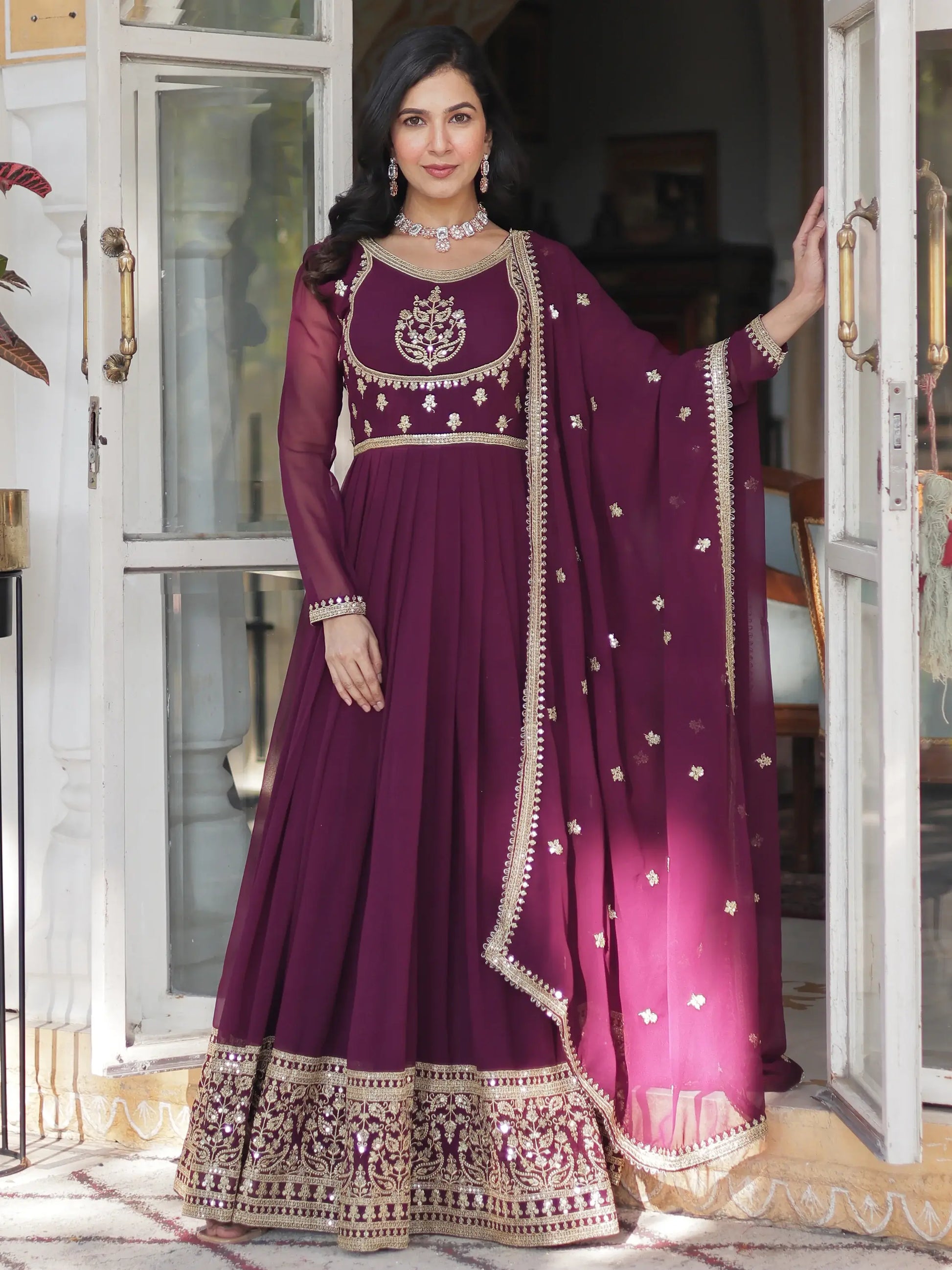 Beautiful Wine Sequins Work Georgette Bridal Wear Gown With Dupatta - Zeel Clothing