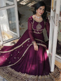 Beautiful Wine Sequins Work Georgette Bridal Wear Gown With Dupatta - Zeel Clothing